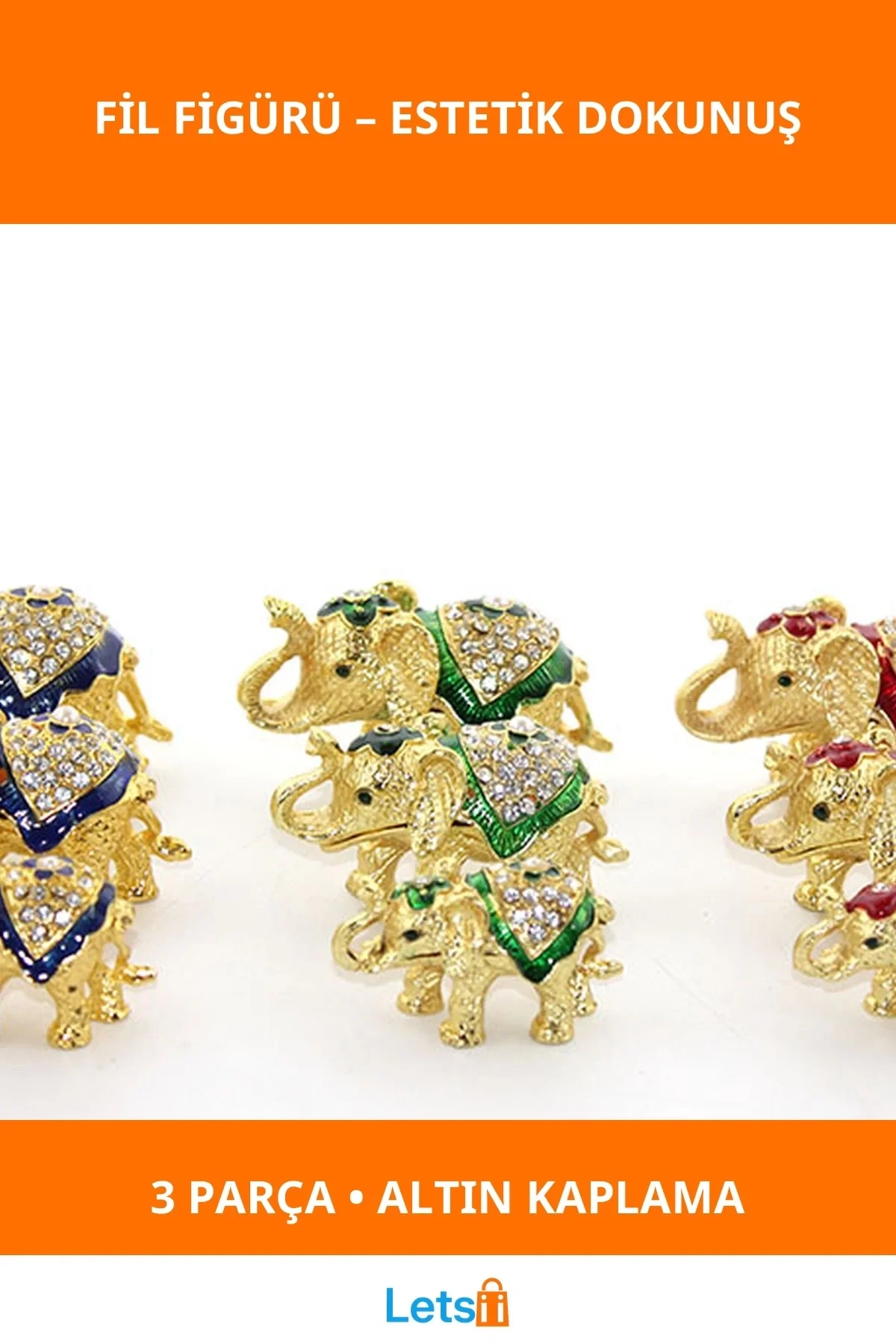 Swarovski Taşlı 3lü Fil Figürü Altın Kaplama Dekoratif Aksesuar