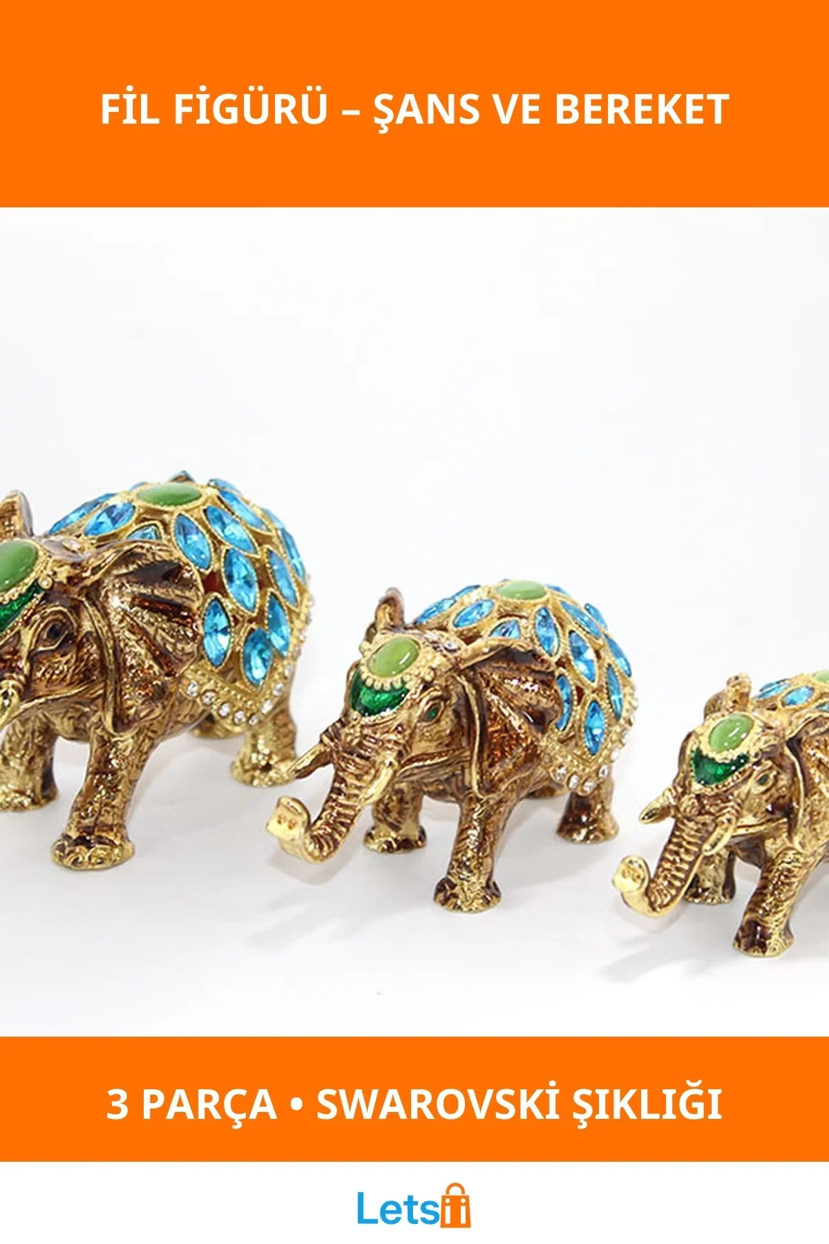 Swarovski Taşlı Altın Kaplama 3lü Fil Figürü