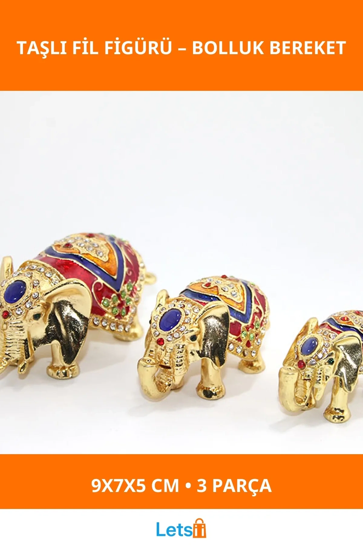 Swarovski Taşlı Altın Kaplama 3lü Fil Figürü Dekoratif Biblo