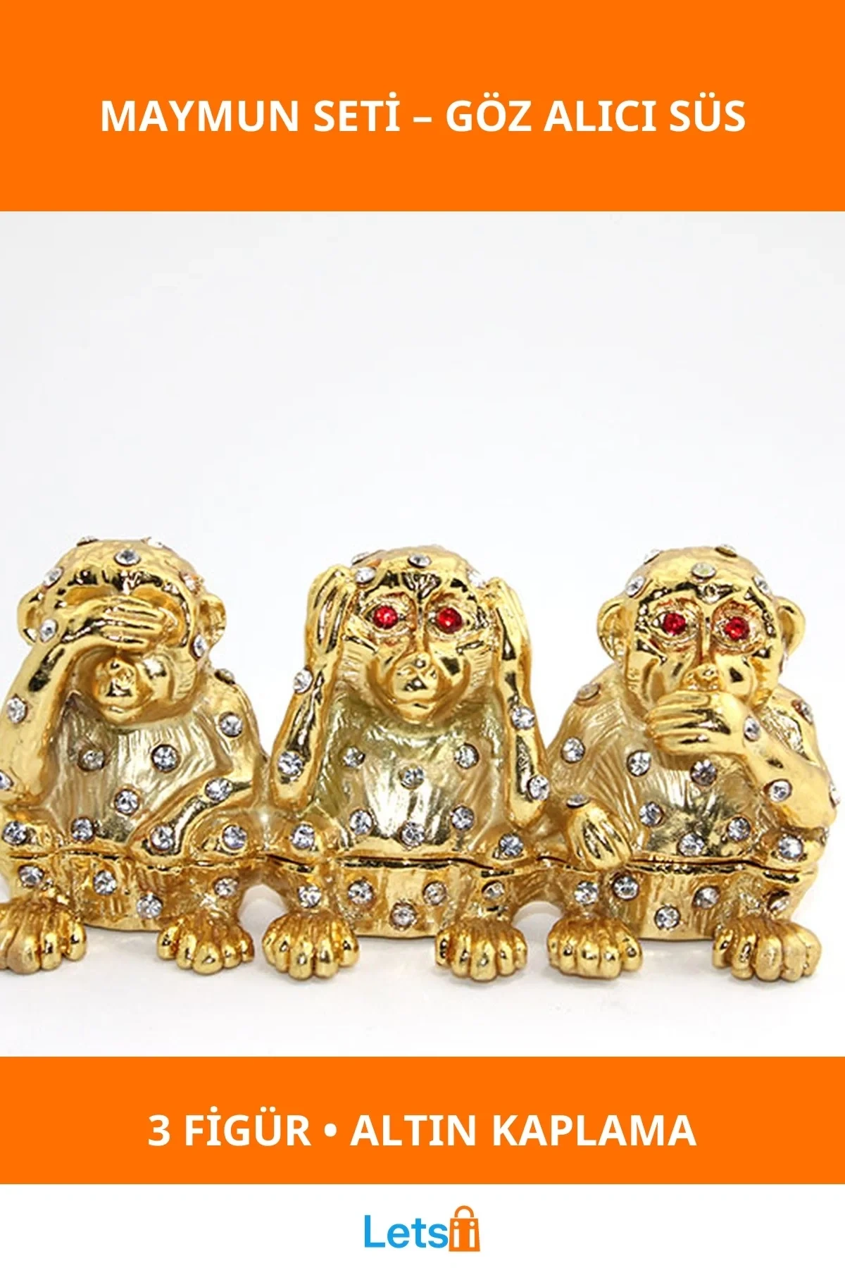 Swarovski Taşlı Altın Kaplama Dekoratif Maymun Figürü 3lü Set