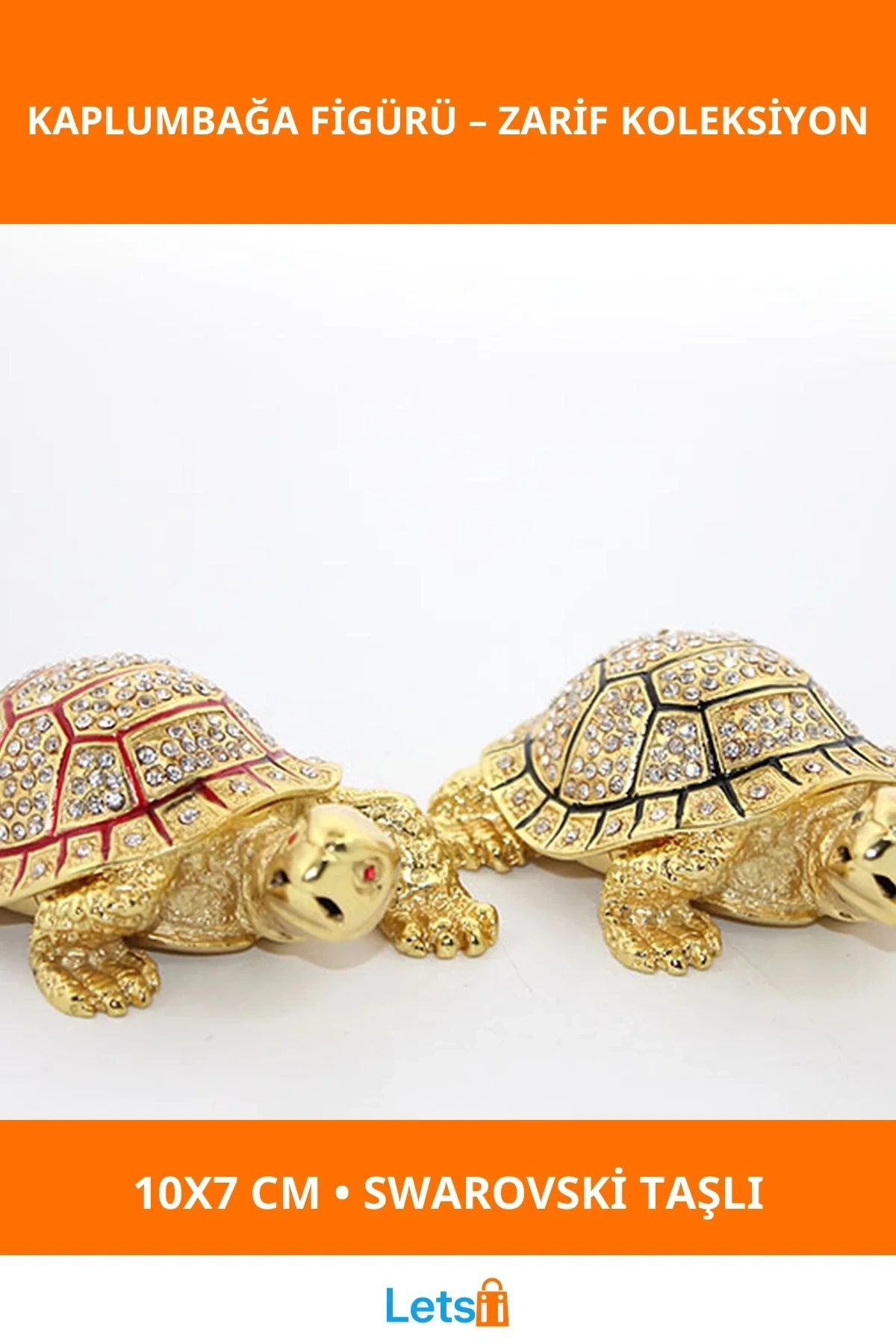 Swarovski Taşlı Kaplumbağa Figürü 10x7 cm Altın Renkli Dekoratif Obje