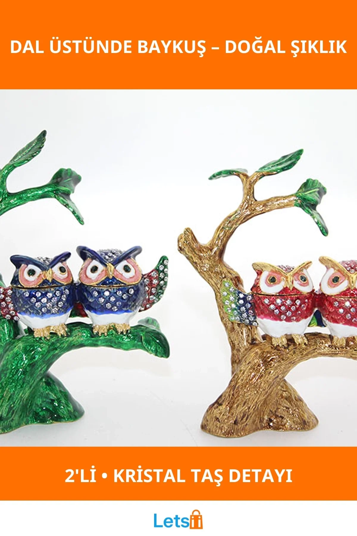 Swarovski Taşlı Natüralist Dal Üstünde 2li Baykuş Figürü