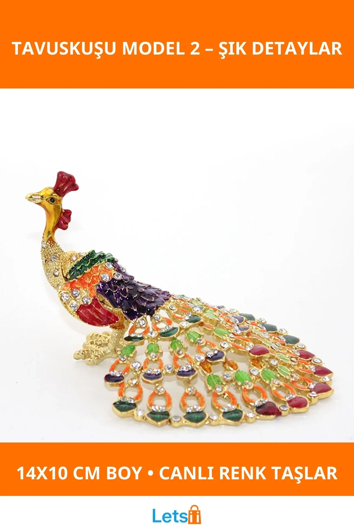 Swarovski Taşlı Renkli Tüyler Dekoratif Tavuskuşu Figürü 14x10 cm