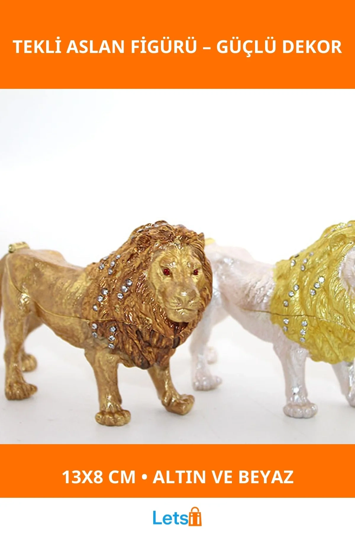 Swarovski Taşlı Şık Tekli Aslan Figür Dekoratif Obje 13x8 cm Altın Beyaz