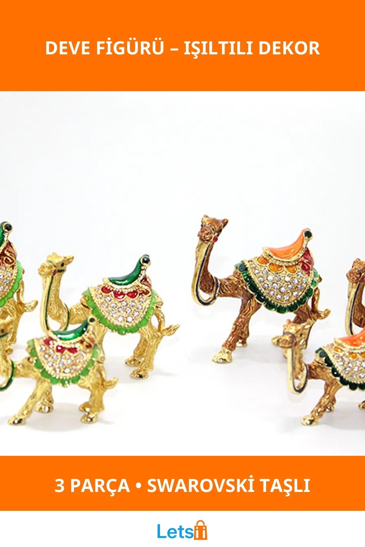 Swarovski Taşlı Zarif 3lü Deve Figürü Seti