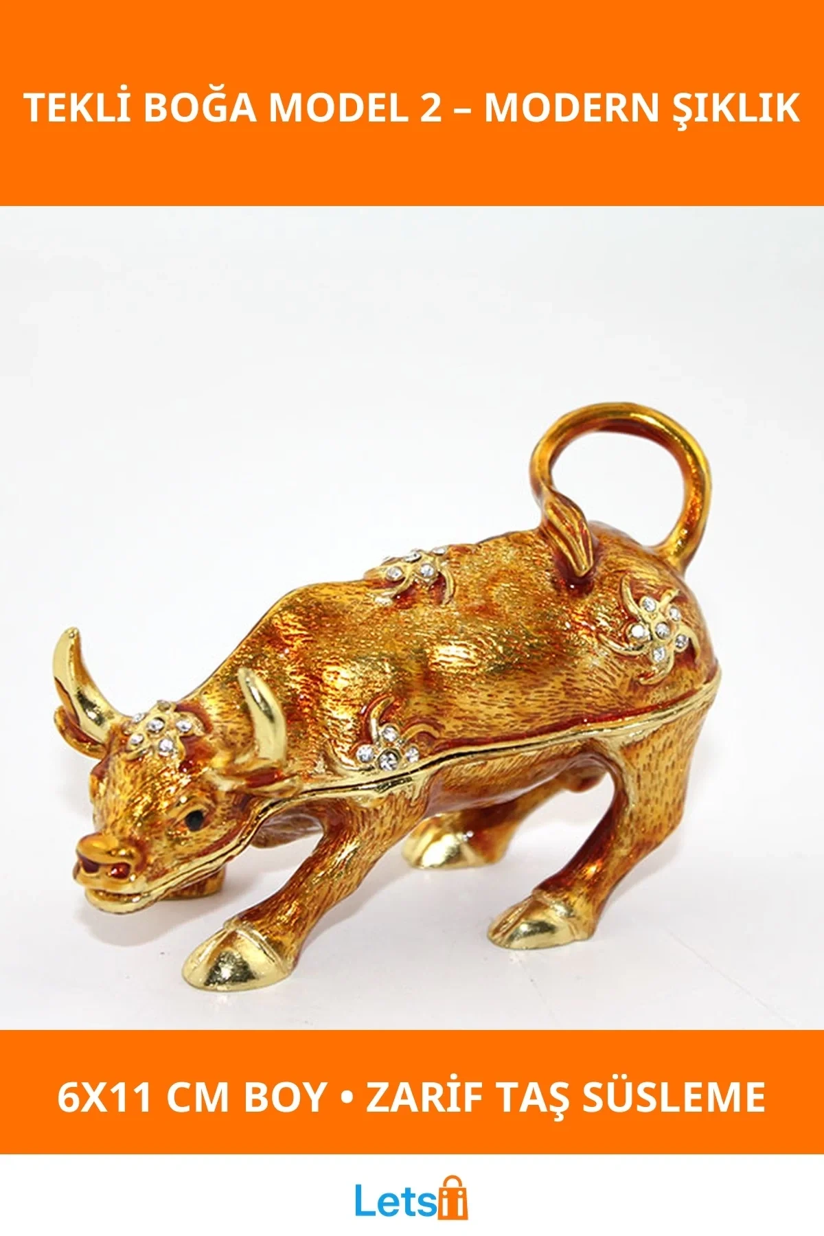 Swarovski Taşlı Zarif Boğa Figürü 6x11cm Ev Ofis Dekorasyonu