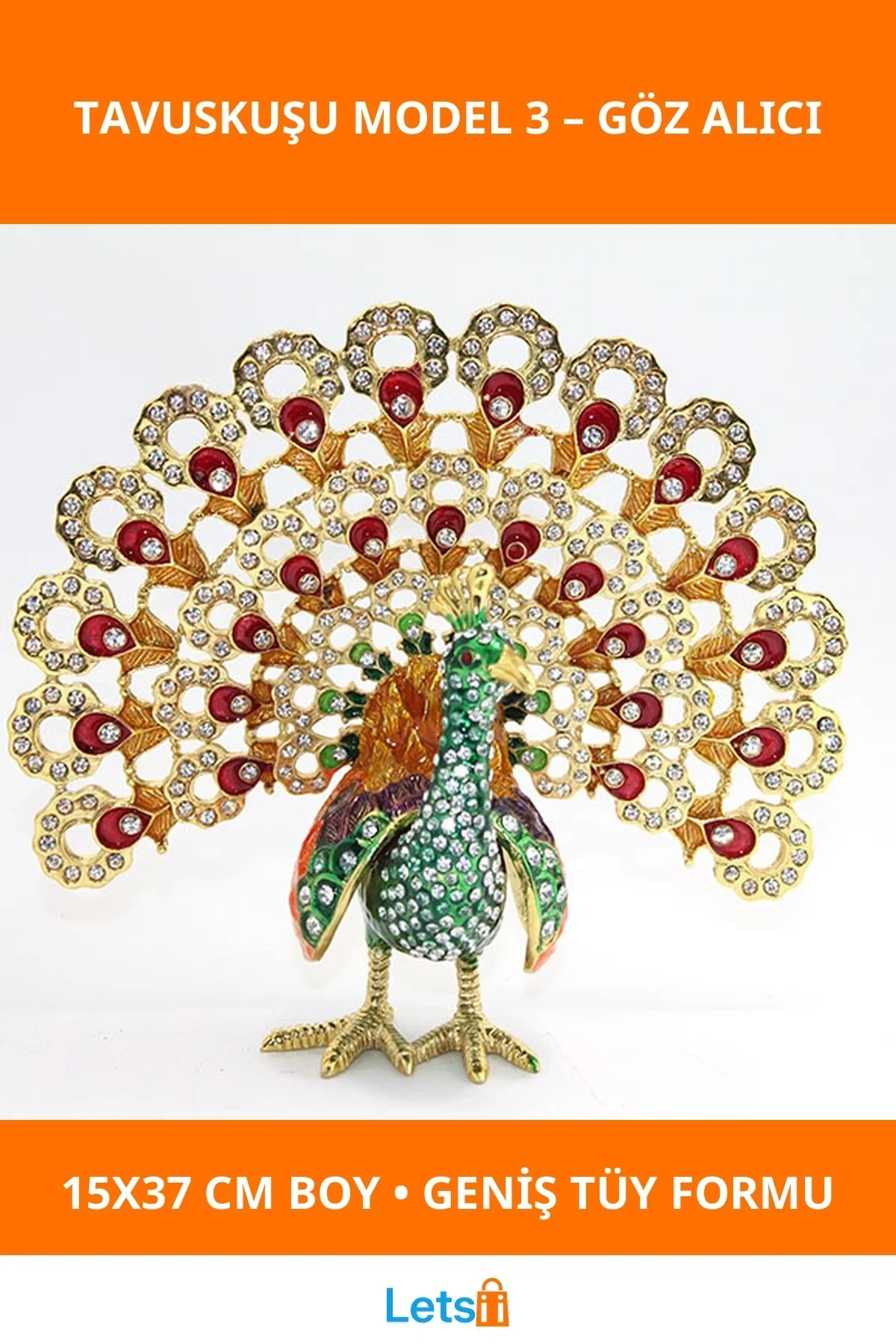 Swarovski Taşlı Zarif Tavuskuşu Figürü 15x37 cm