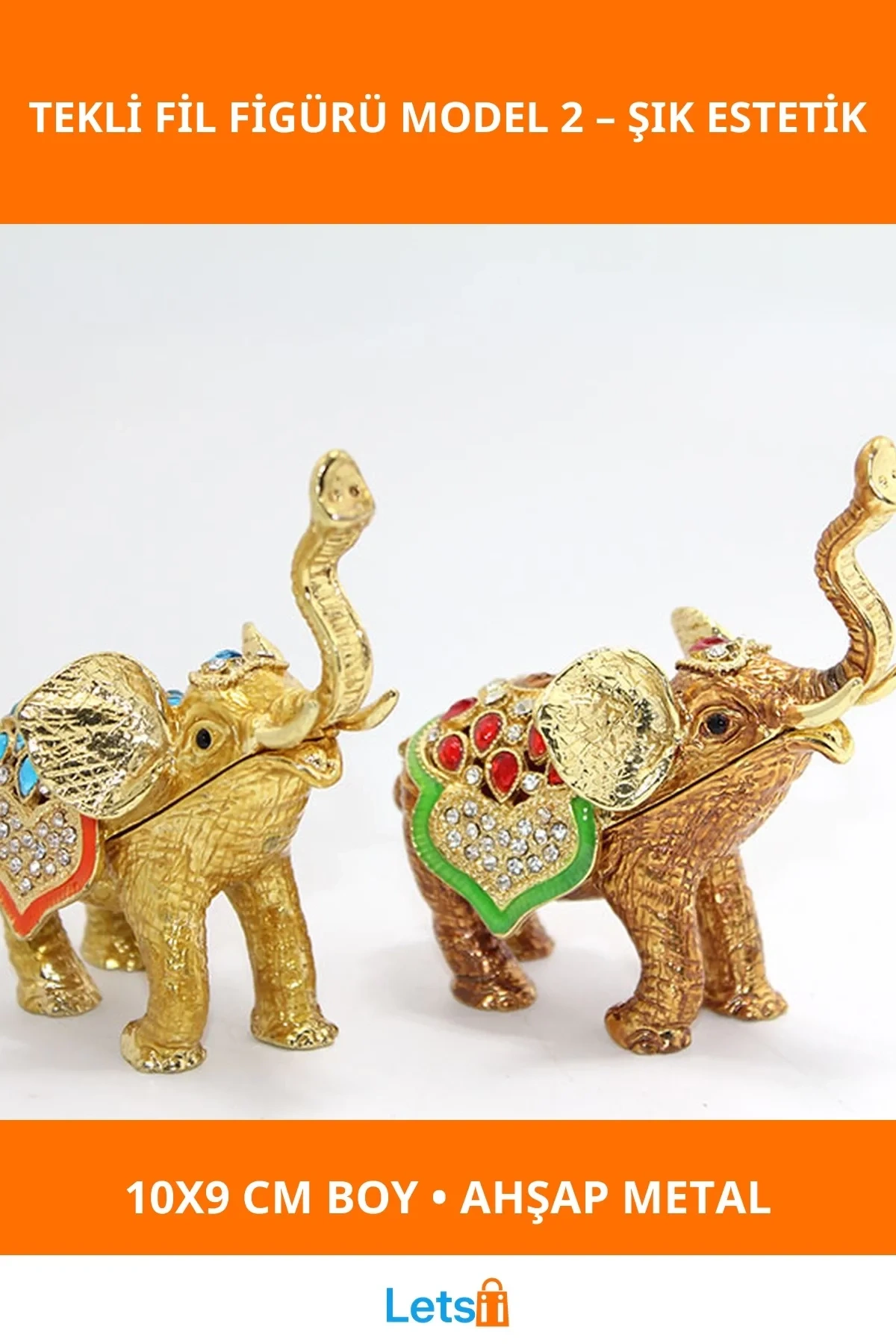 Swarovski Taşlı Zarif Tekli Fil Figürü Ahşap ve Metal 10x9 cm