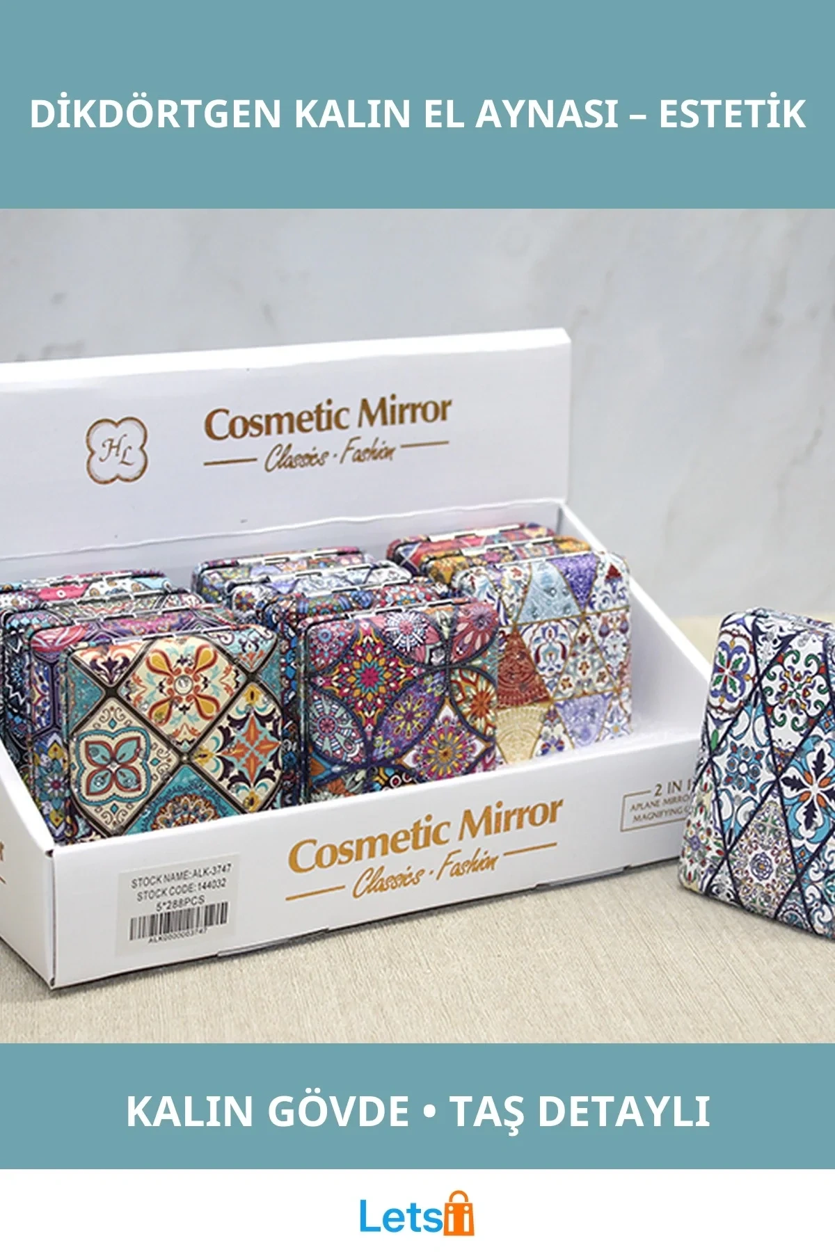 Taş Detaylı Şık Dikdörtgen Kalın El Aynası