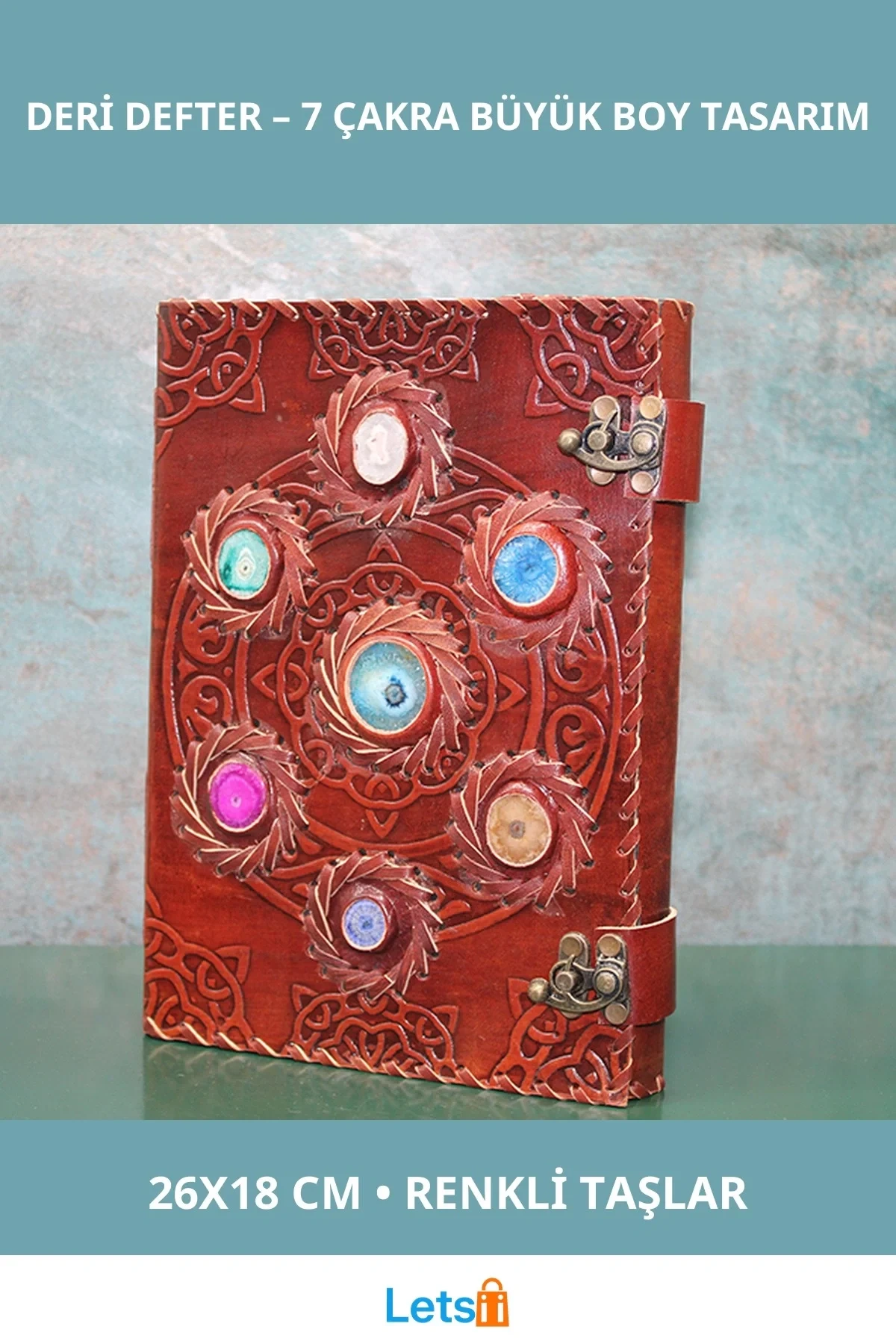 Taşlı Deri Defter Büyük Boy 7 Çakra Tasarımlı 26x18 cm