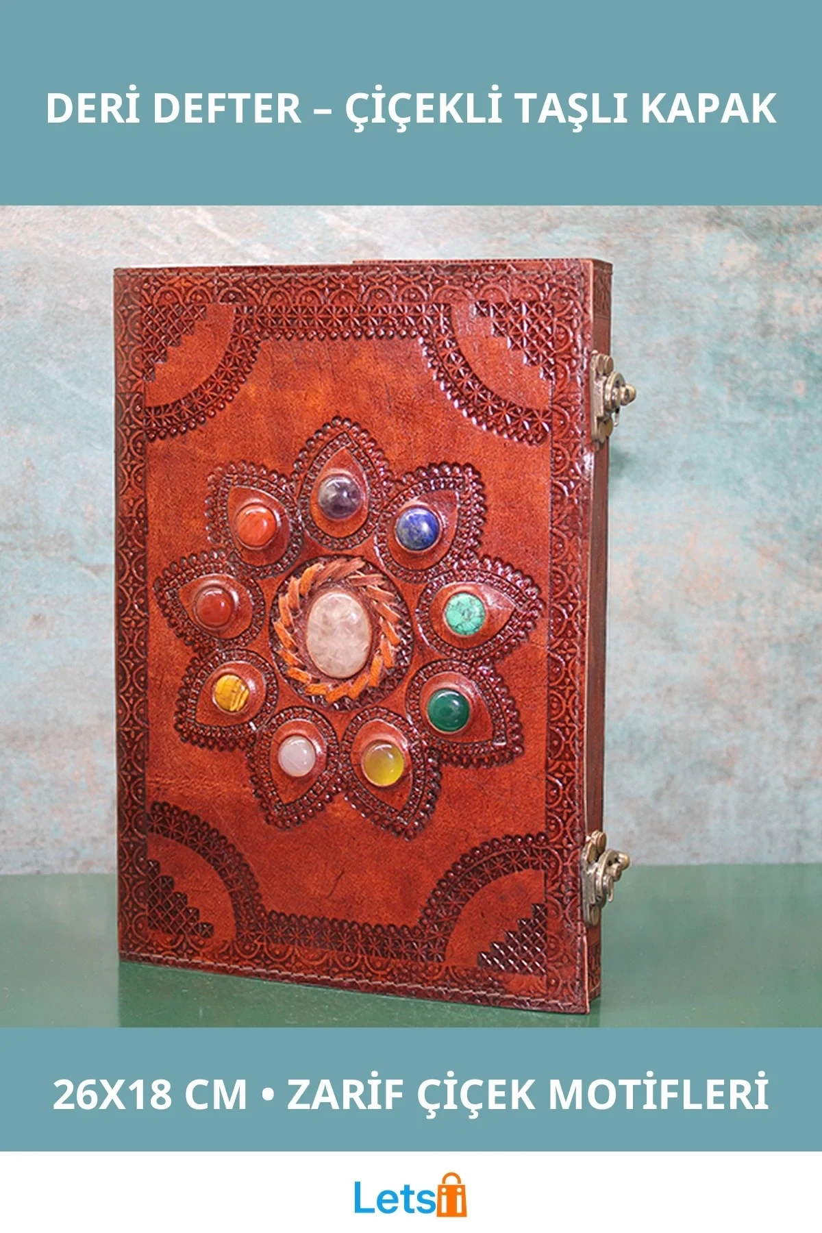 Taşlı Deri Defter Çiçek Motifli Büyük Boy 26x18 cm