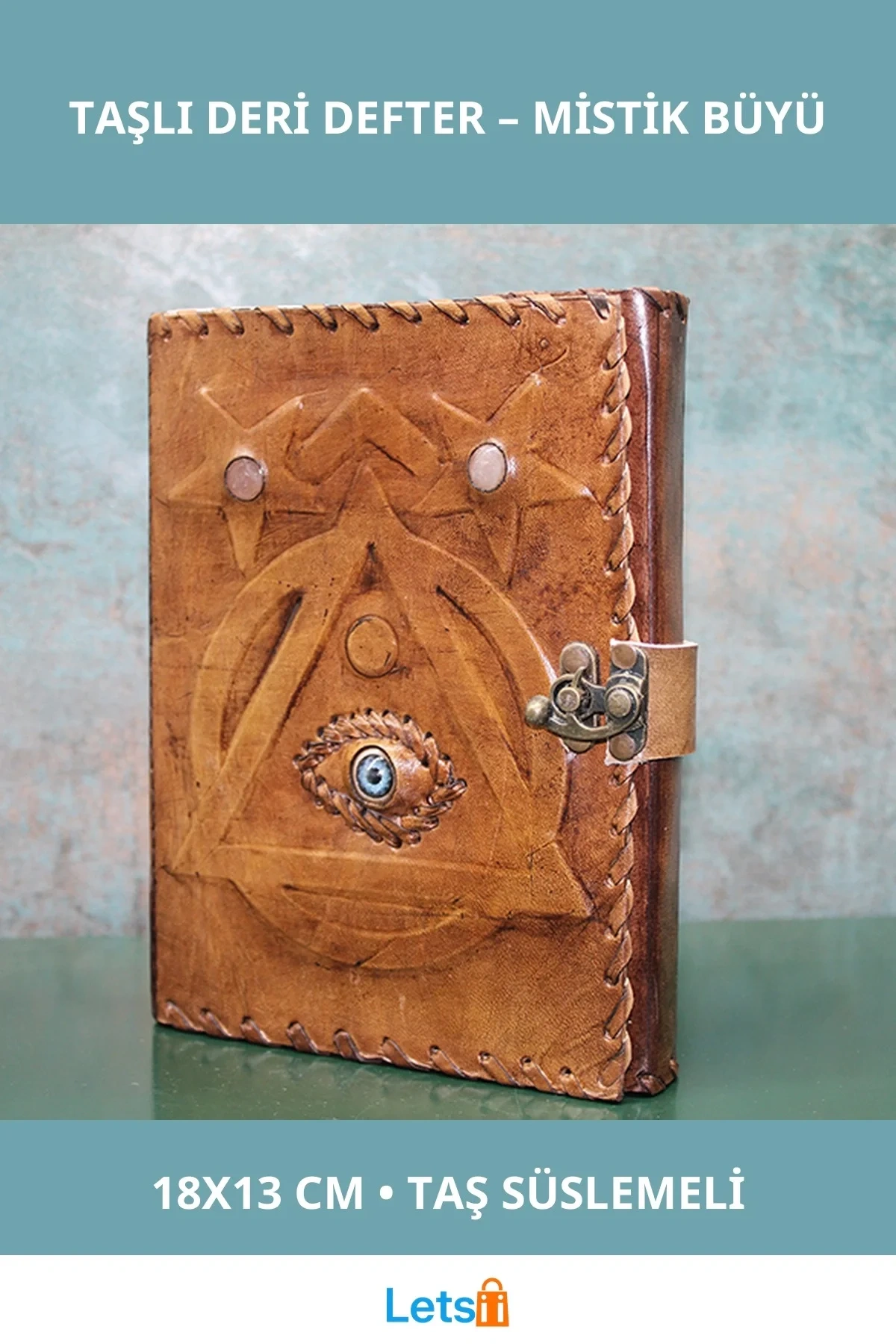 Taşlı Deri Defter Mistik Tasarım 18x13 cm