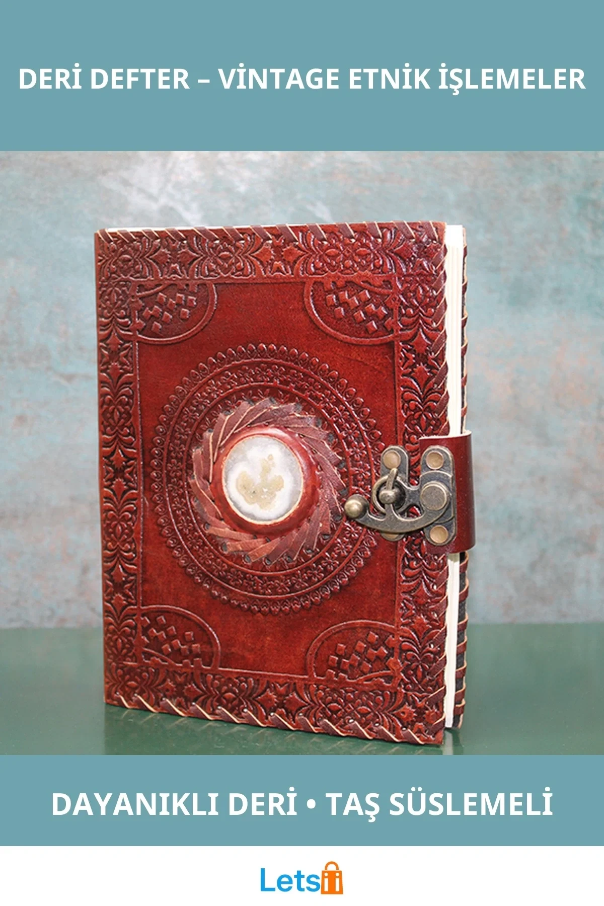 Taşlı Deri Defter Vintage Etnik İşlemeli 18x13 cm