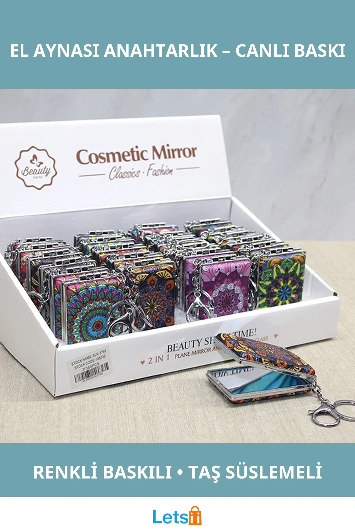 Taşlı El Aynası Anahtarlık Renkli Baskılı Estetik Aksesuar