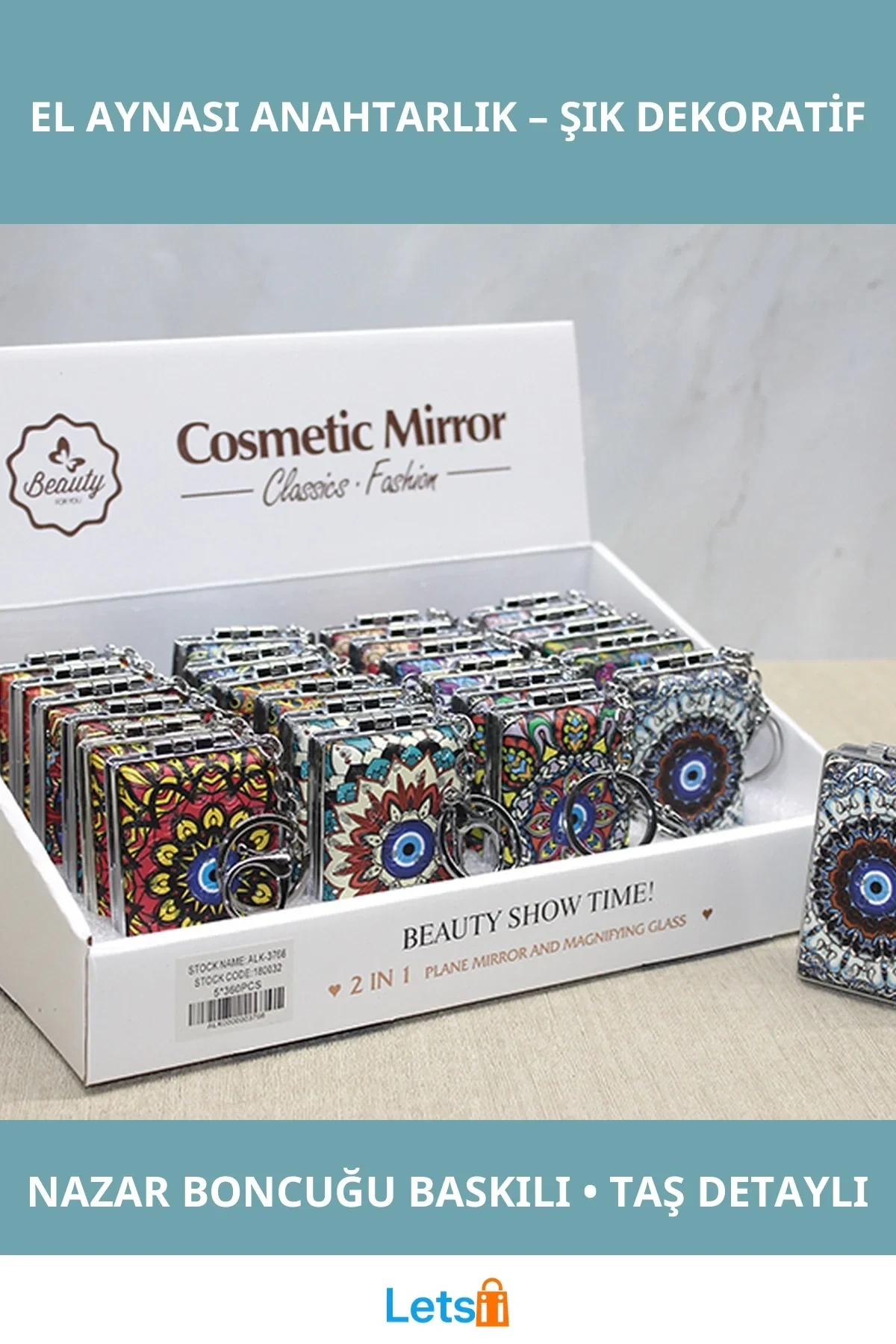 Taşlı El Aynası Anahtarlık Renkli Nazar Boncuğu Detaylı