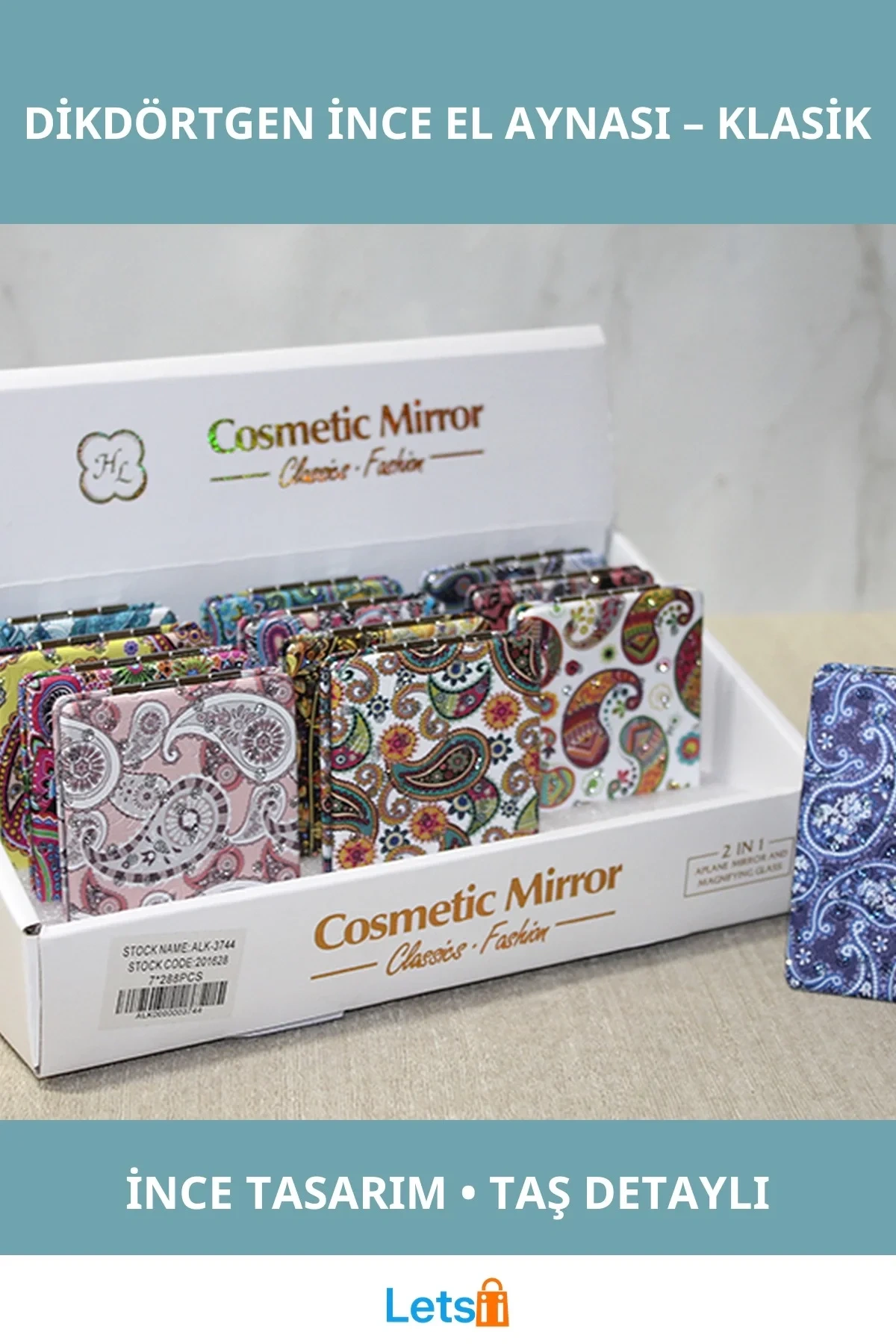 Taşlı El Aynası Dikdörtgen İnce Taş Detaylı