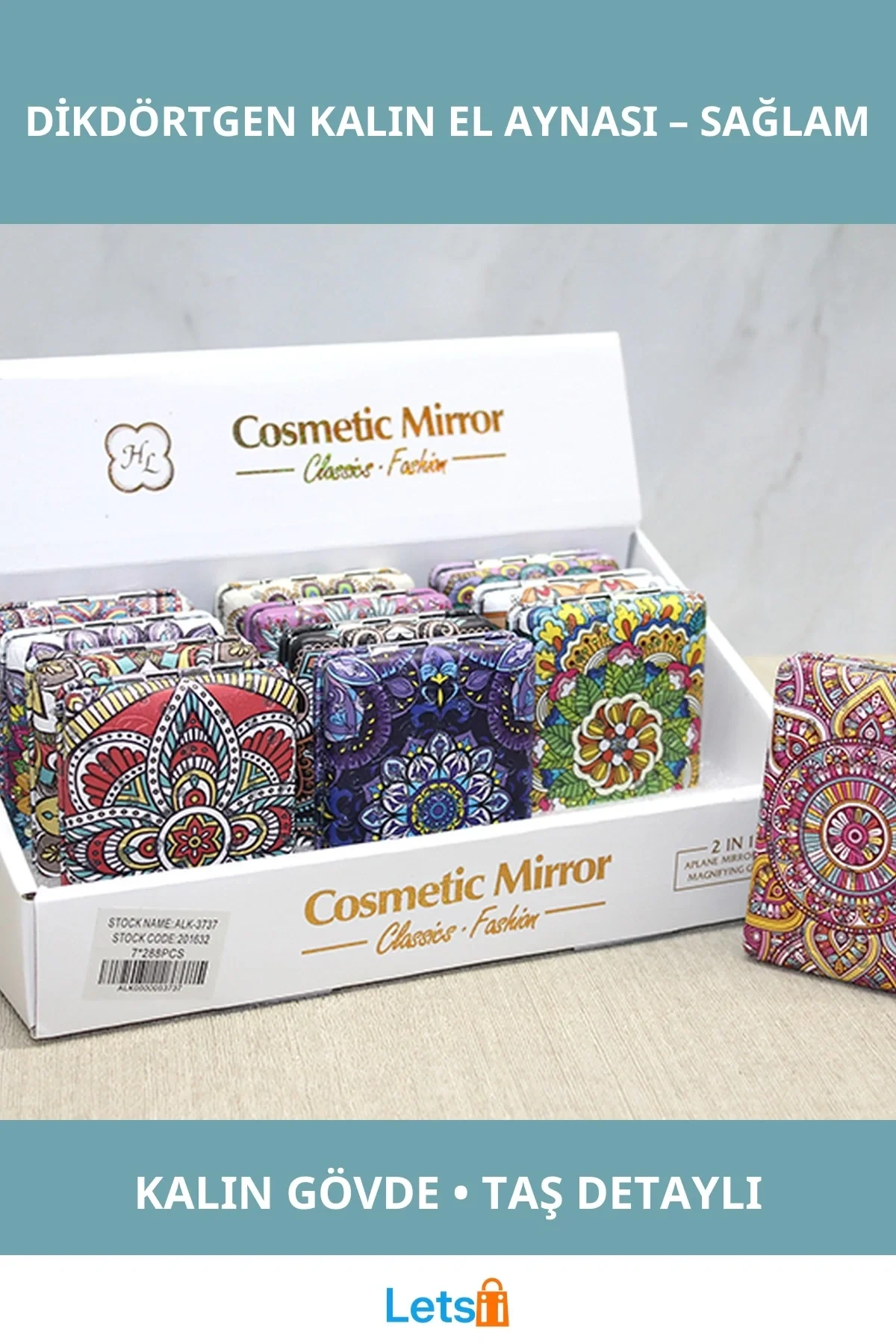 Taşlı El Aynası Dikdörtgen Kalın Estetik Tasarım