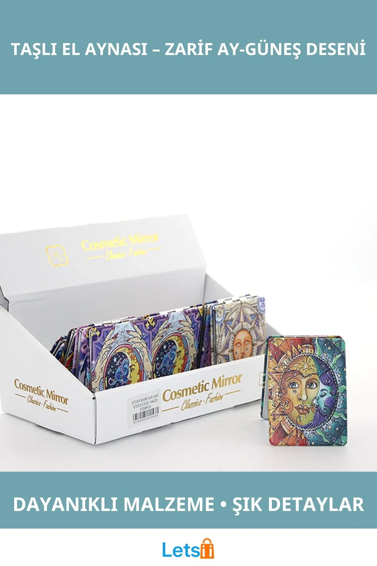 Taşlı İnce Ay Güneş Tasarımlı El Aynası