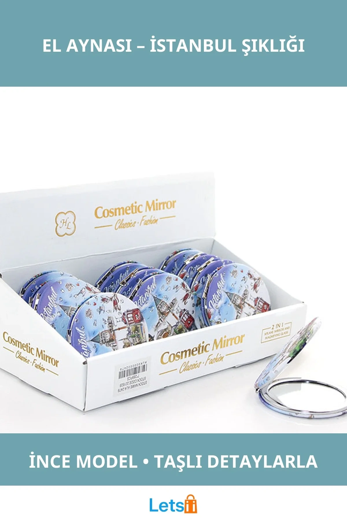 Taşlı İstanbul Tasarımı El Aynası İnce Hafif Taşınabilir