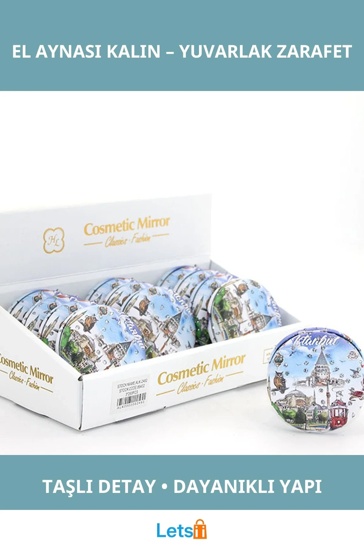 Taşlı İstanbul Tasarımı Yuvarlak Kalın El Aynası