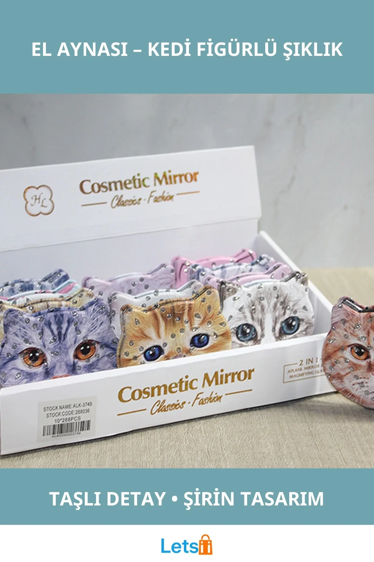 Taşlı Kedi Şeklinde El Aynası Eğlenceli ve Şık Aksesuar
