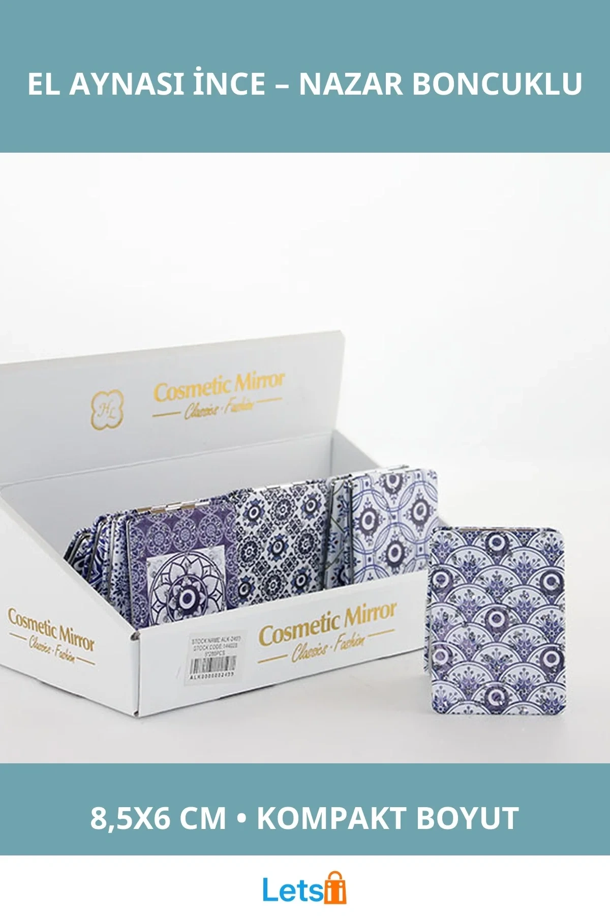 Taşlı Nazar Boncuklu Şık Dikdörtgen El Aynası İnce 8.5x6 cm