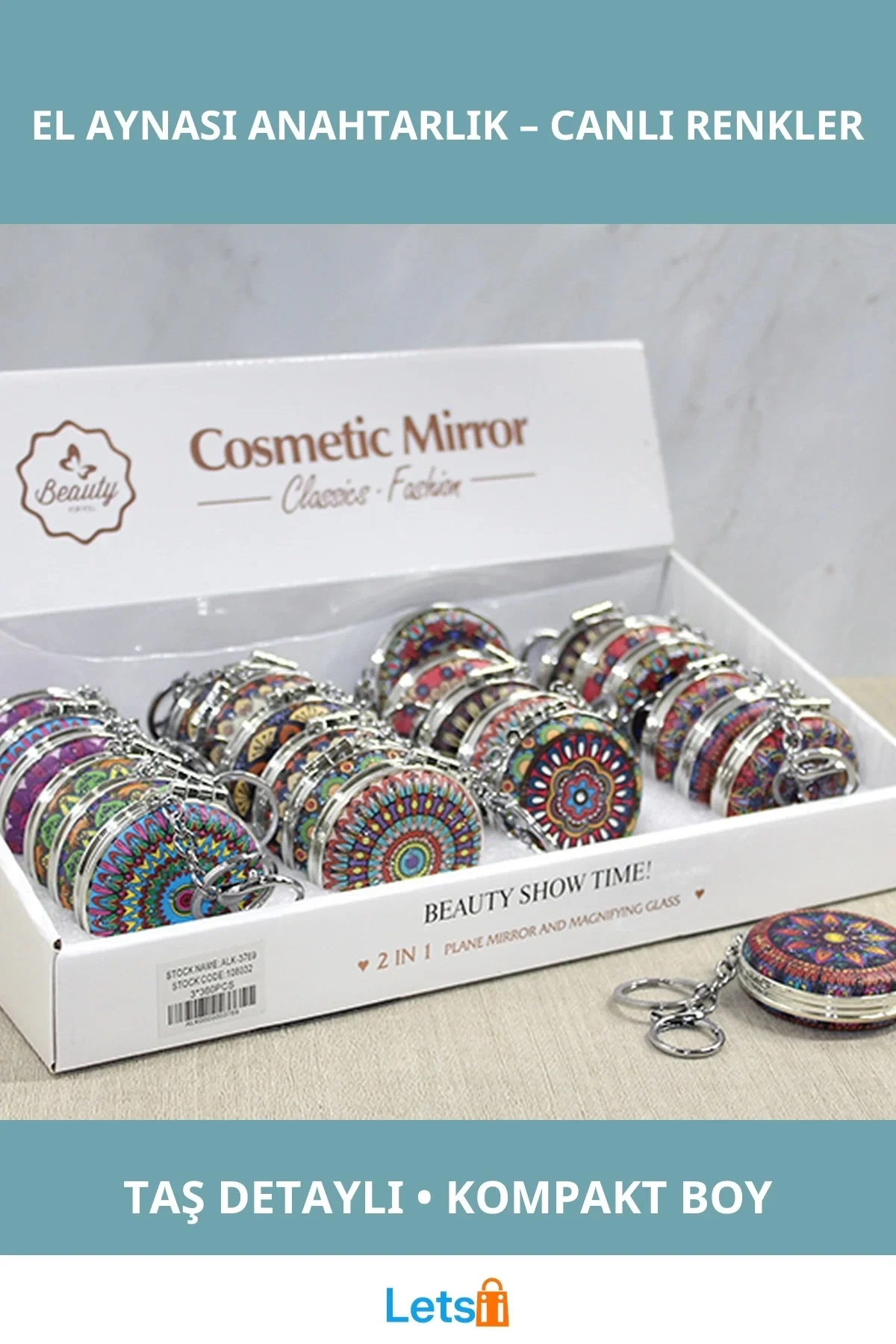 Taşlı Renkli Baskılı Şık El Aynası Anahtarlık