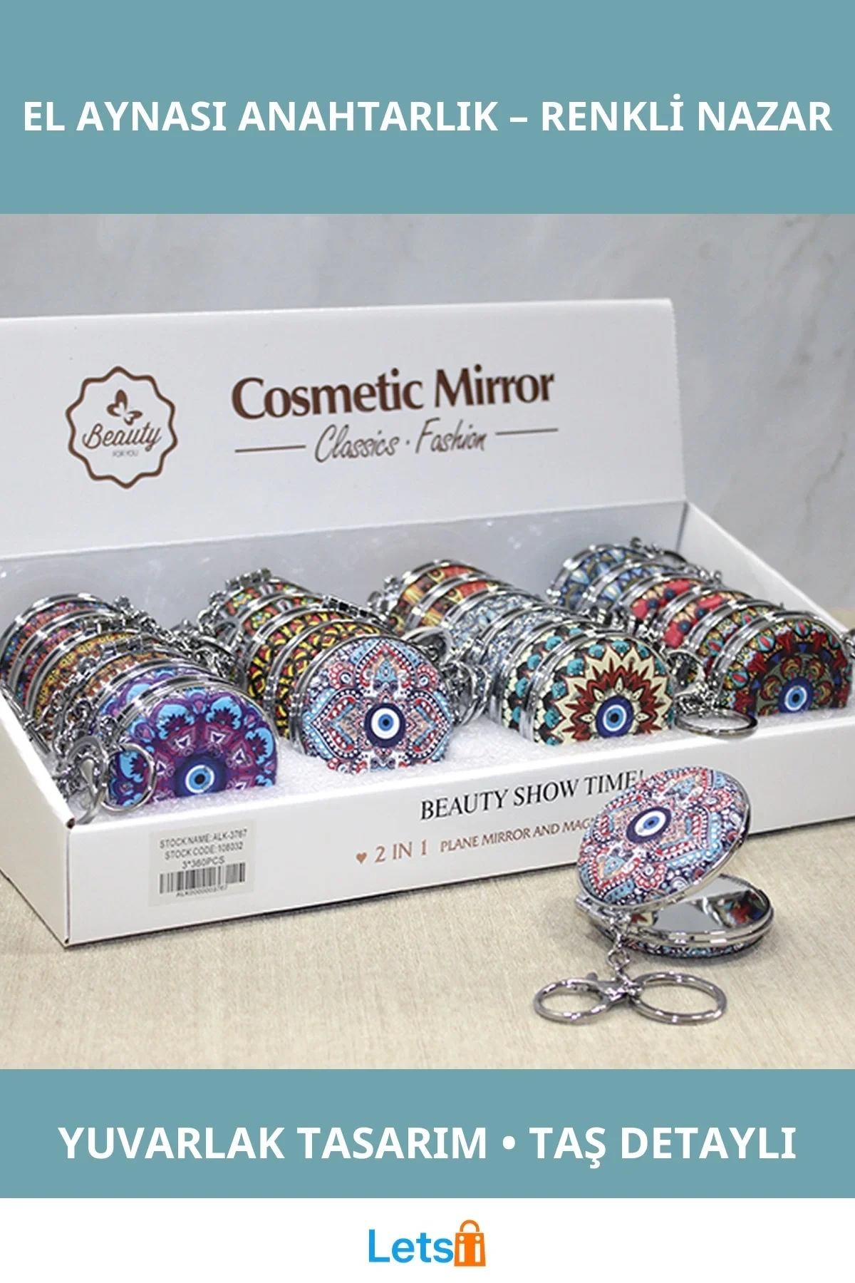 Taşlı Renkli Nazar Boncuğu Desenli El Aynası Anahtarlık