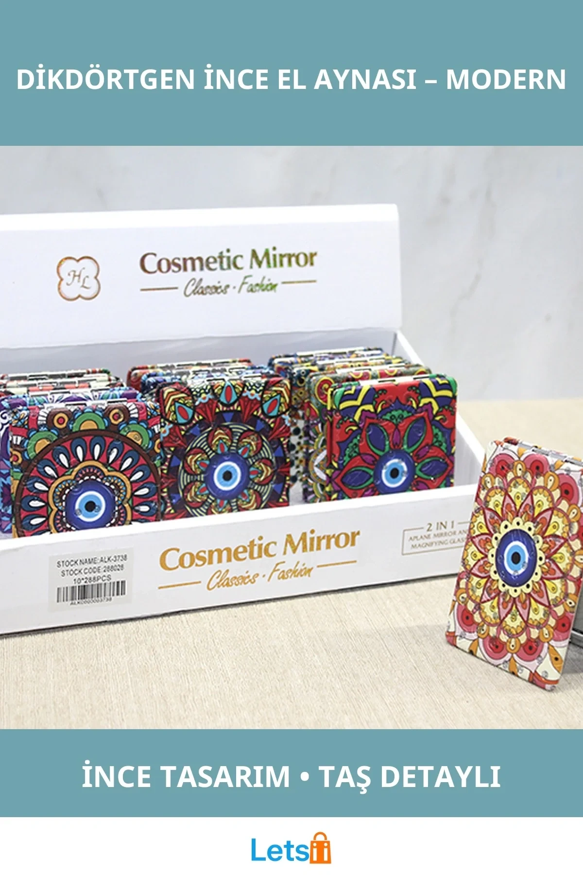 Taşlı Şık Dikdörtgen El Aynası İnce Tasarım