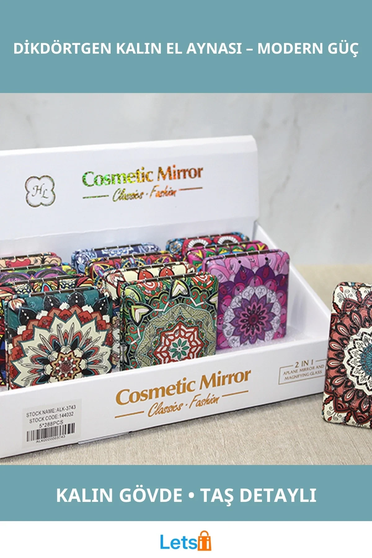 Taşlı Şık Dikdörtgen Kalın El Aynası