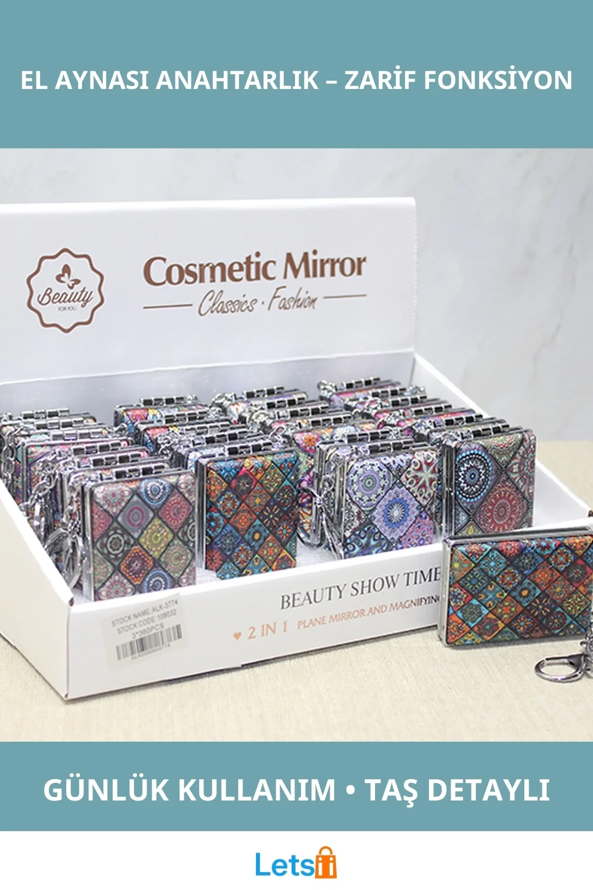 Taşlı Şık El Aynası Anahtarlık Pratik Kullanım