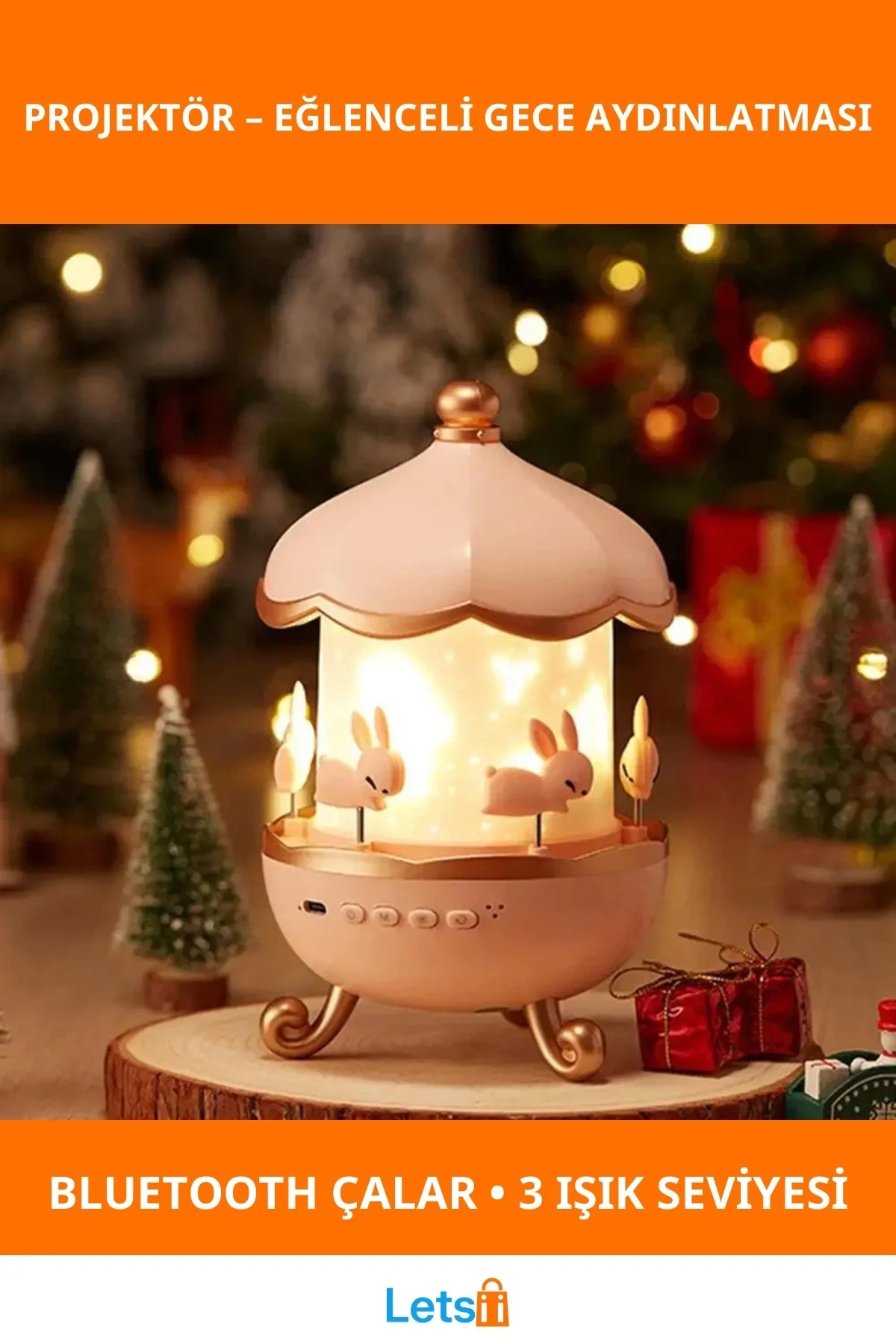 Tavşan Atlıkarınca Bluetooth Müzik Kutusu ve Projektör Işıklı Gece Lambası