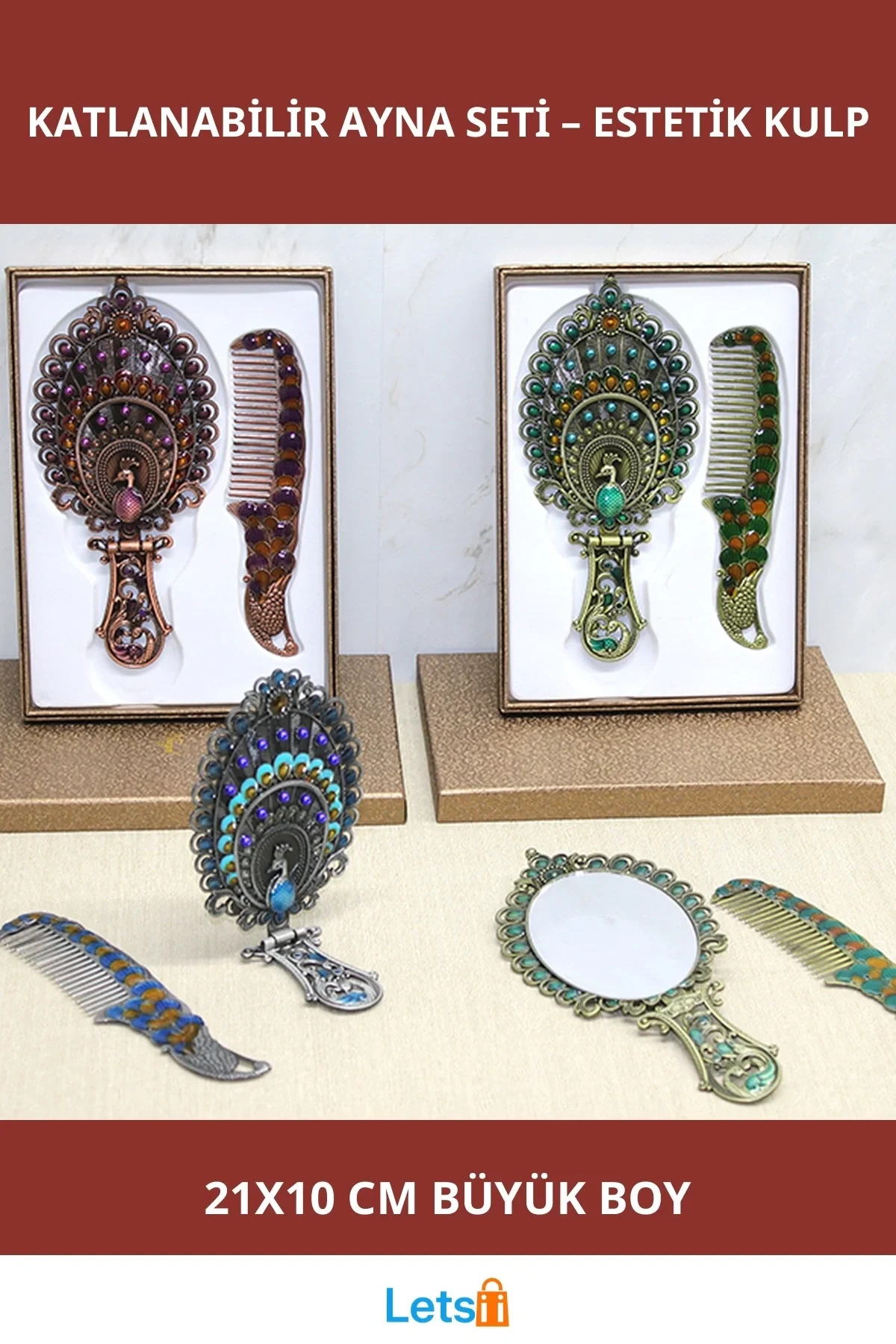 Tavuskuşu Figürlü Katlanabilir Ayna ve Tarak Seti Büyük Boy 21x10 cm