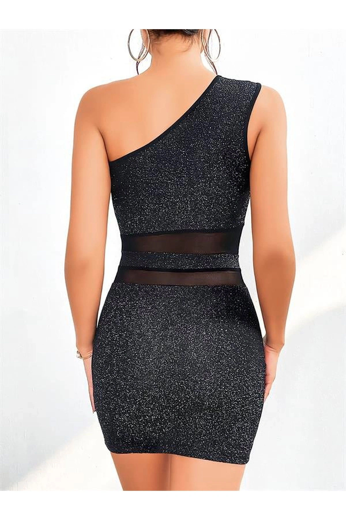 Tek Omuz Dekolteli Işıltılı Mini Fantezi Elbise Siyah Renk