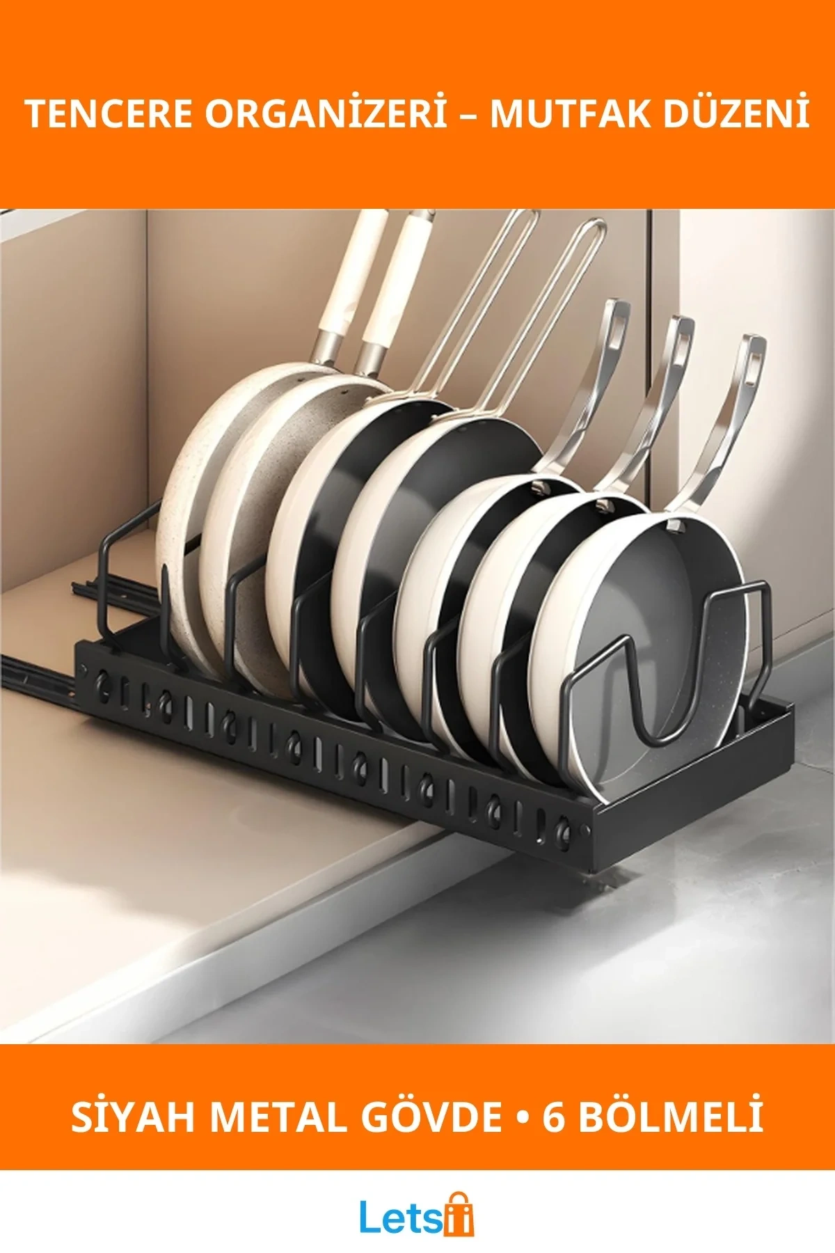 Teleskopik Raylı Dayanıklı Metal Mutfak Tava Tencere Organizeri