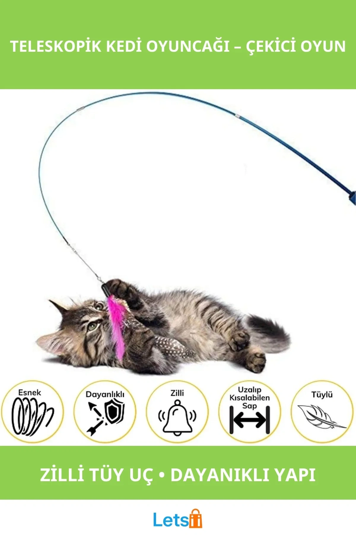 Teleskopik Zilli Dayanıklı Tüylü Kedi Oyuncağı