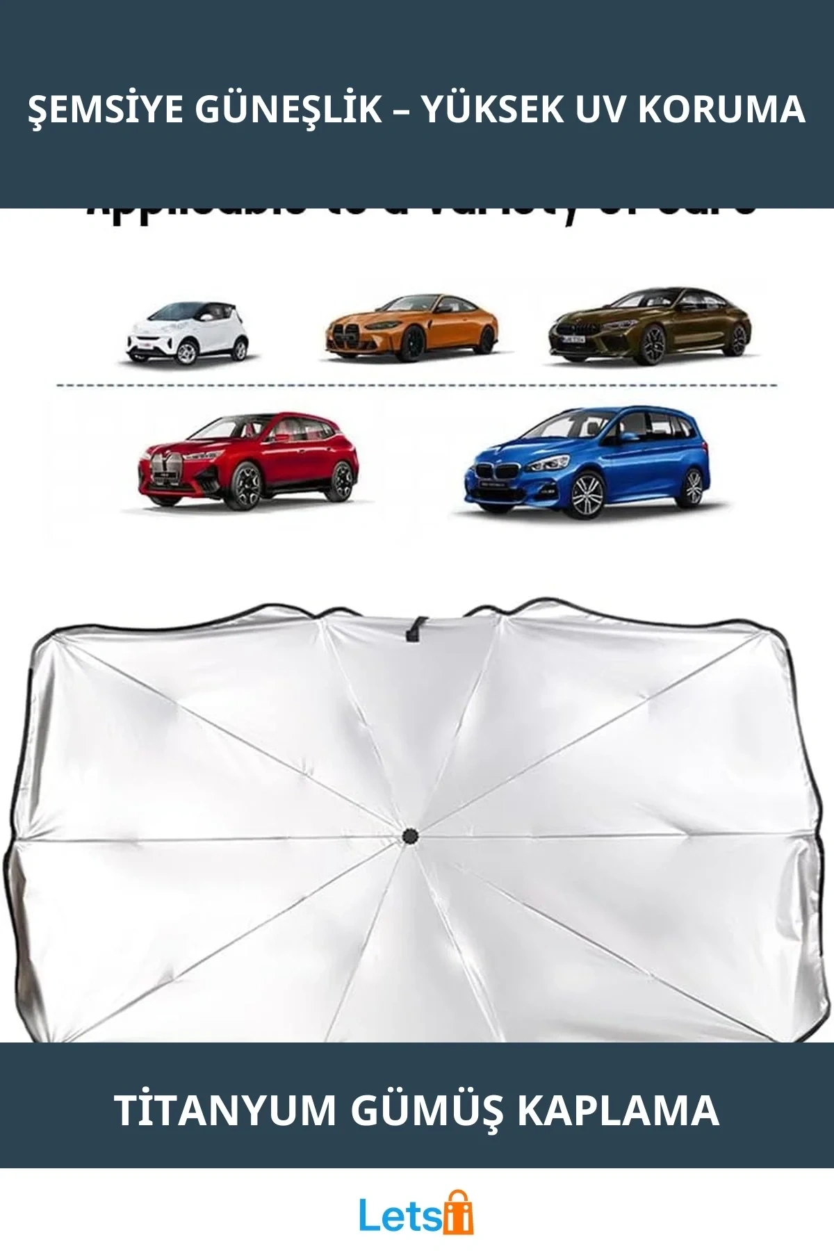 Titanyum Gümüş Kaplama 57.1 X 31.1 Araç İçi Ön Cam Şemsiye Güneşlik