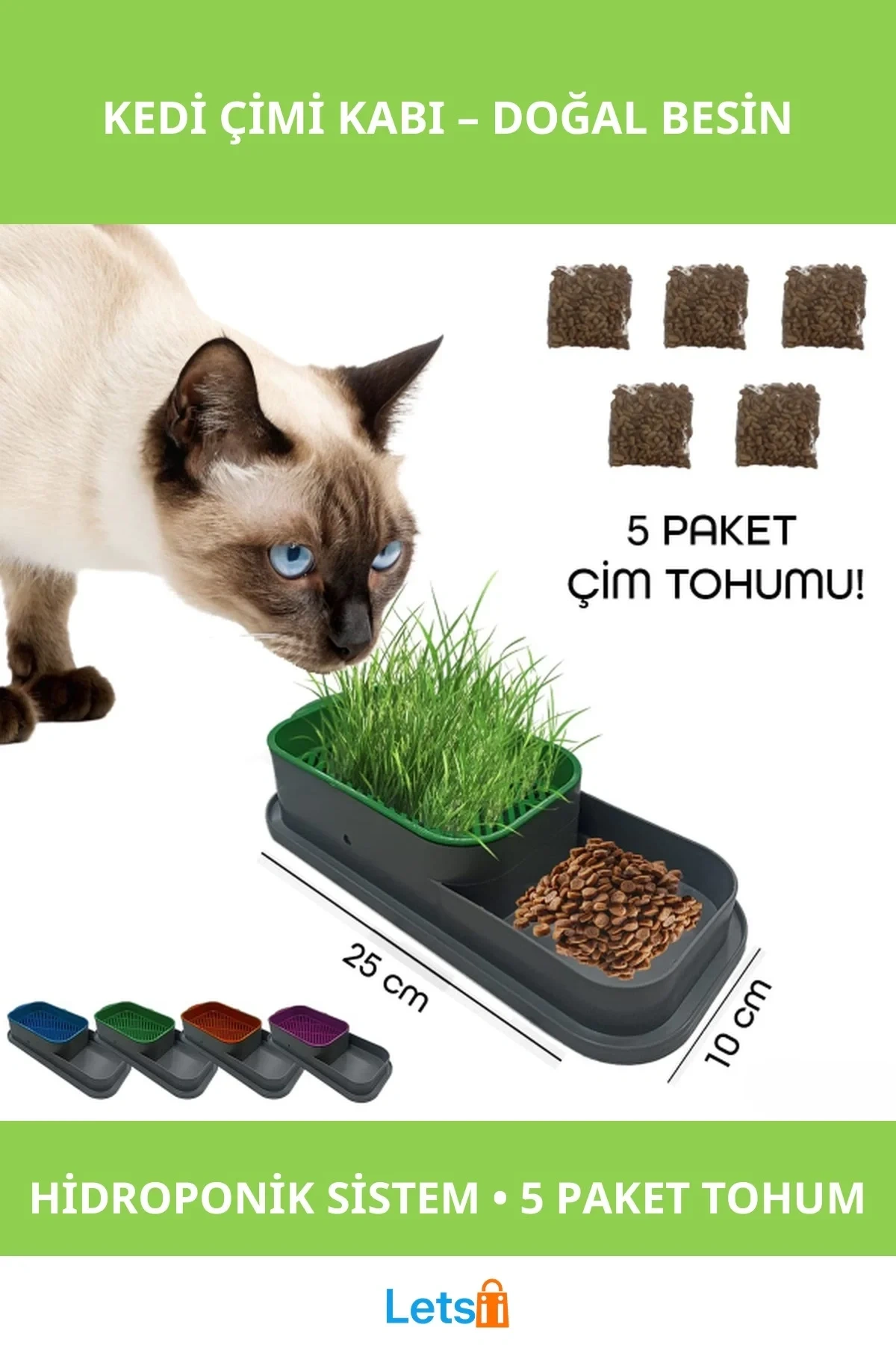 Topraksız Hidroponik Kedi Çimi Kabı 25x10 cm ile 5 Paket Çim Tohumu