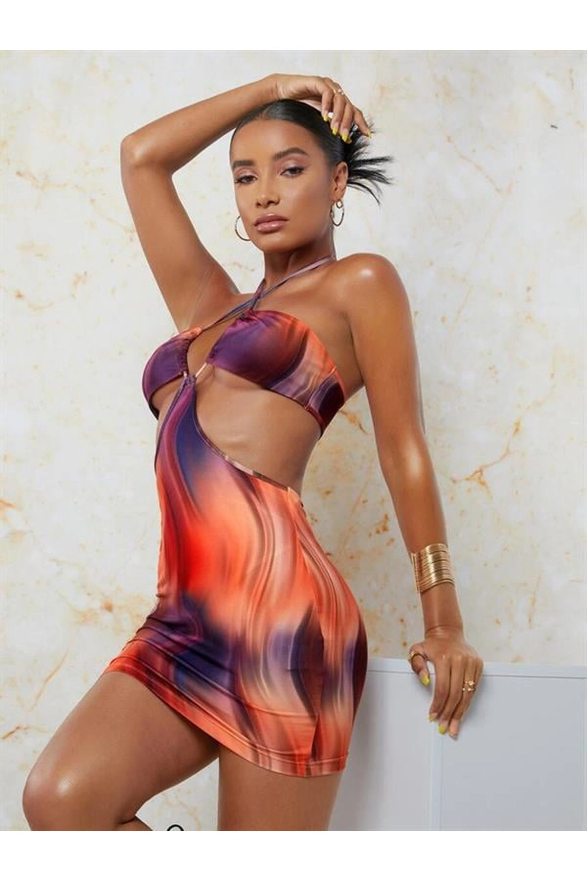 Transparan Detaylı Omuz Dekolteli Mini Fantezi Elbise Standart Renk