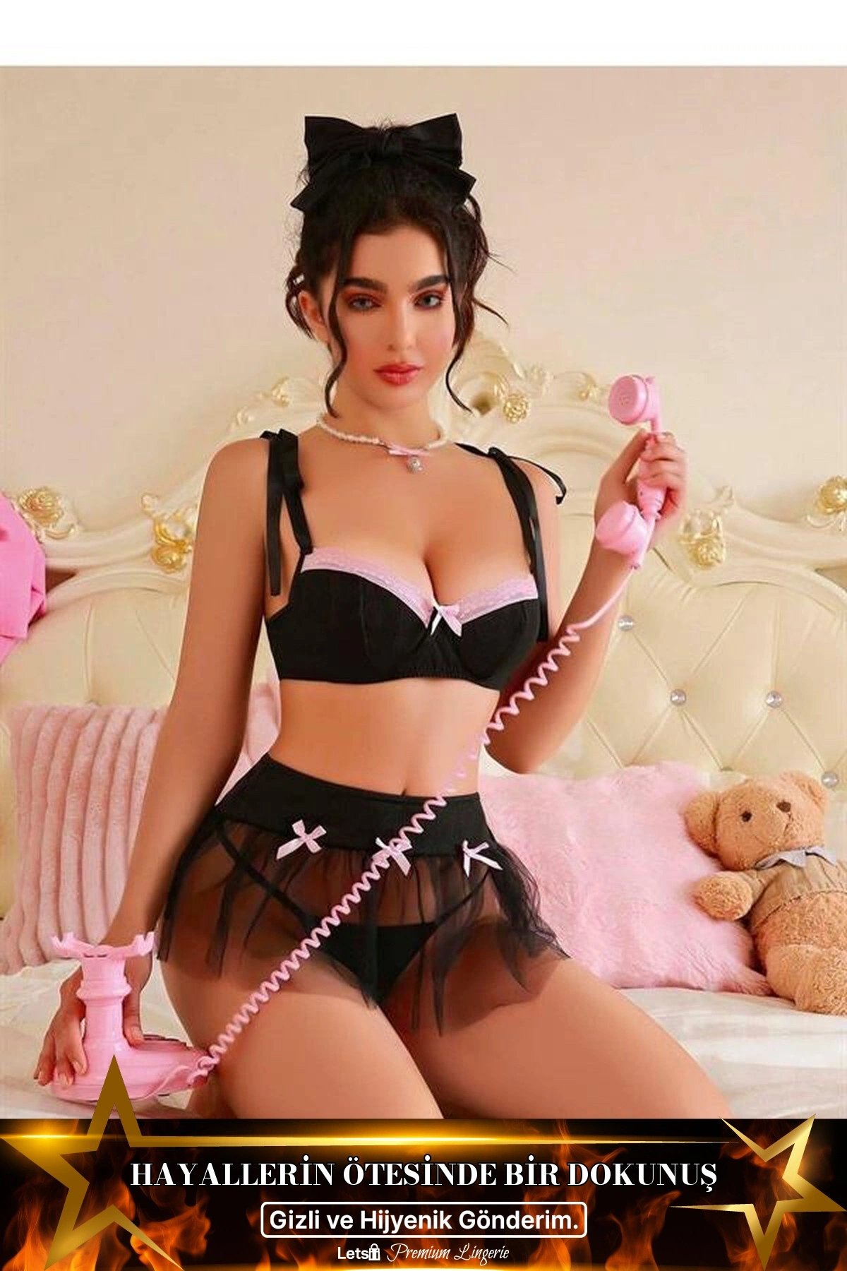 Transparan Kurdela Detaylı Tül Etekli Fantezi Sütyen Takımı Siyah Renk