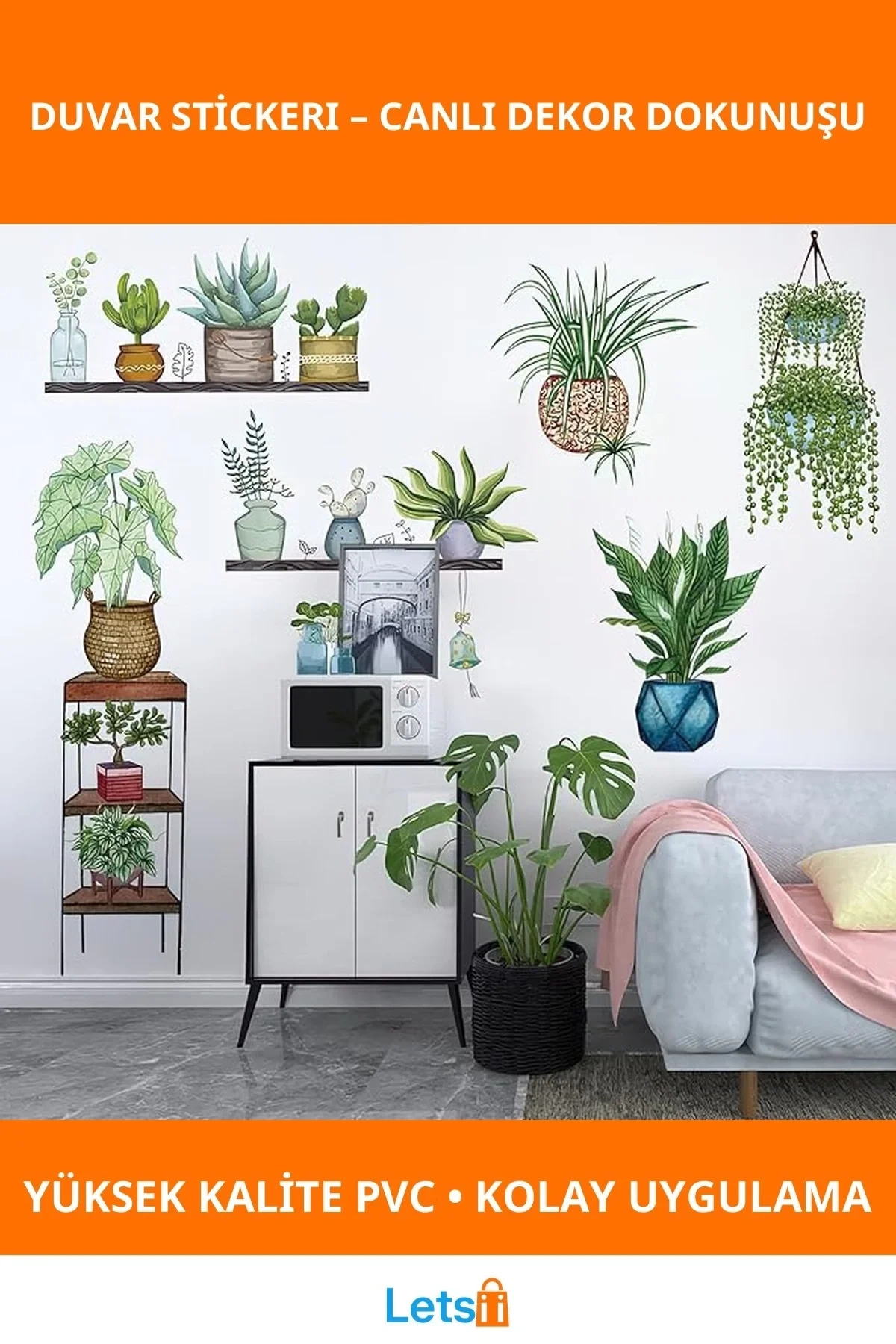 Tropikal Bitkiler Duvar Stickerı 90x35 cm PVC 9 Adet