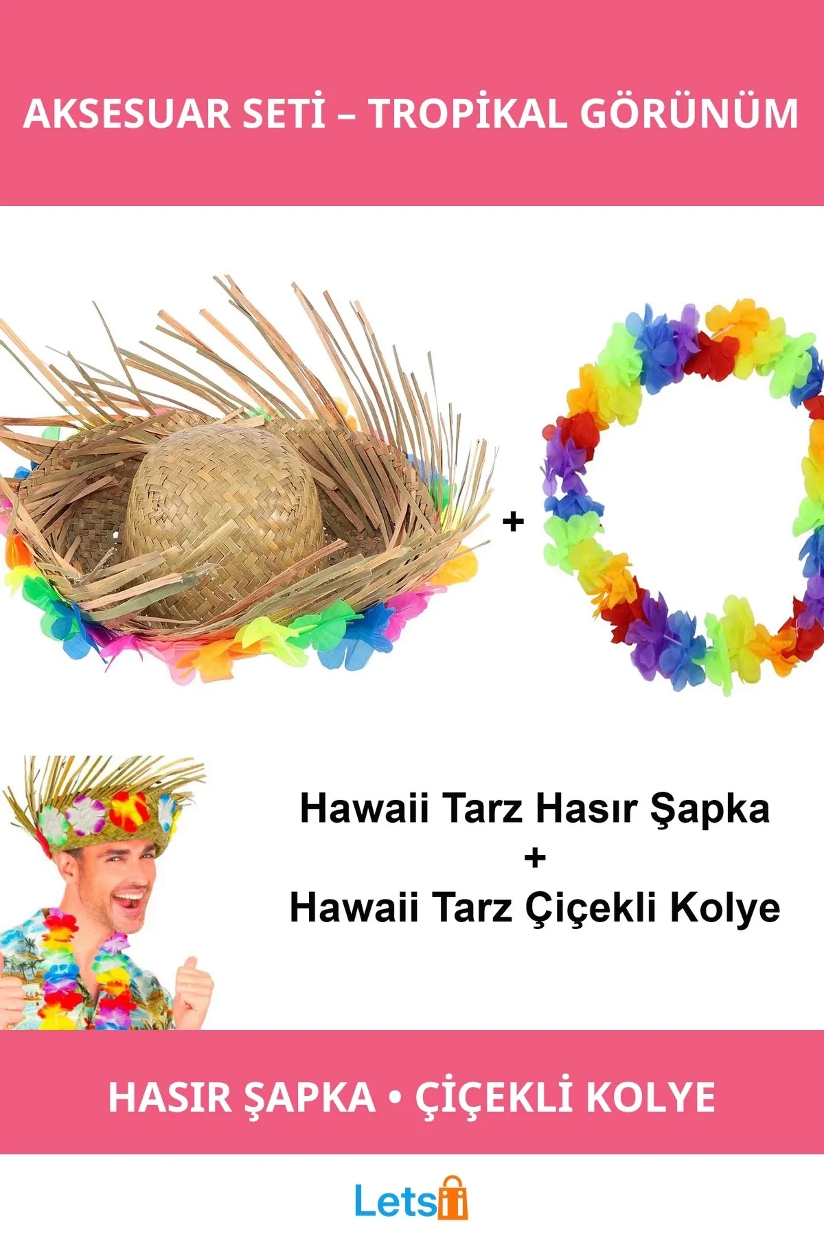 Tropikal Çiçekli Hasır Şapka ve Hawaii Kolye Seti