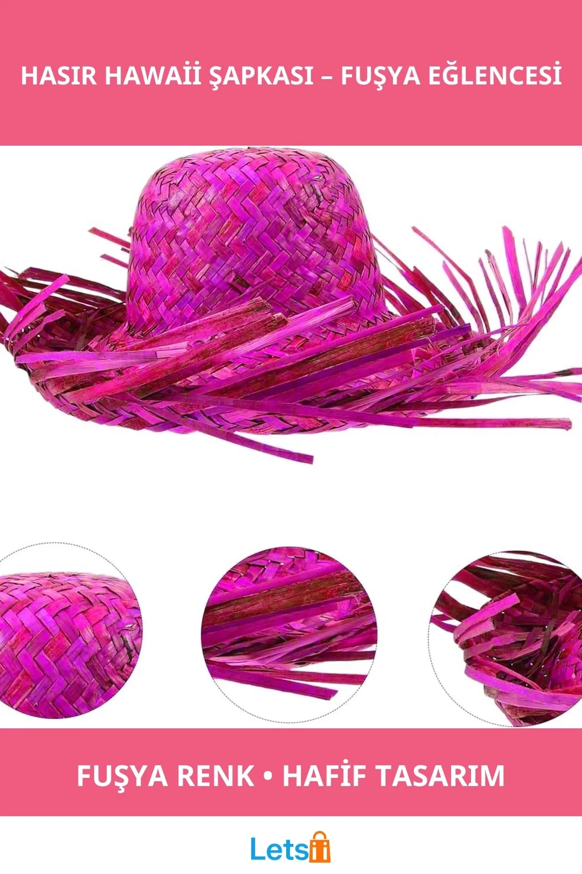 Tropikal Fuşya Renkli Hasır Hawaii Şapkası