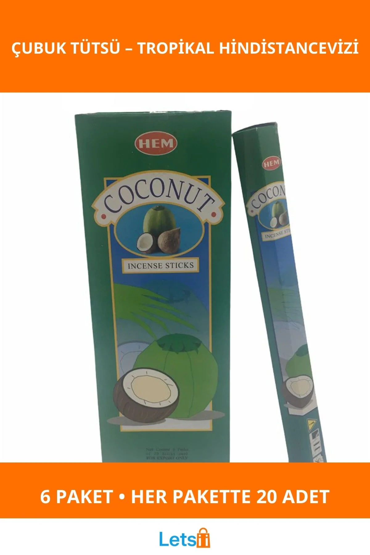 Tropikal Hindistancevizi Aromalı Uzun Süreli Tütsü 6 Paket 120 Adet Çubuk