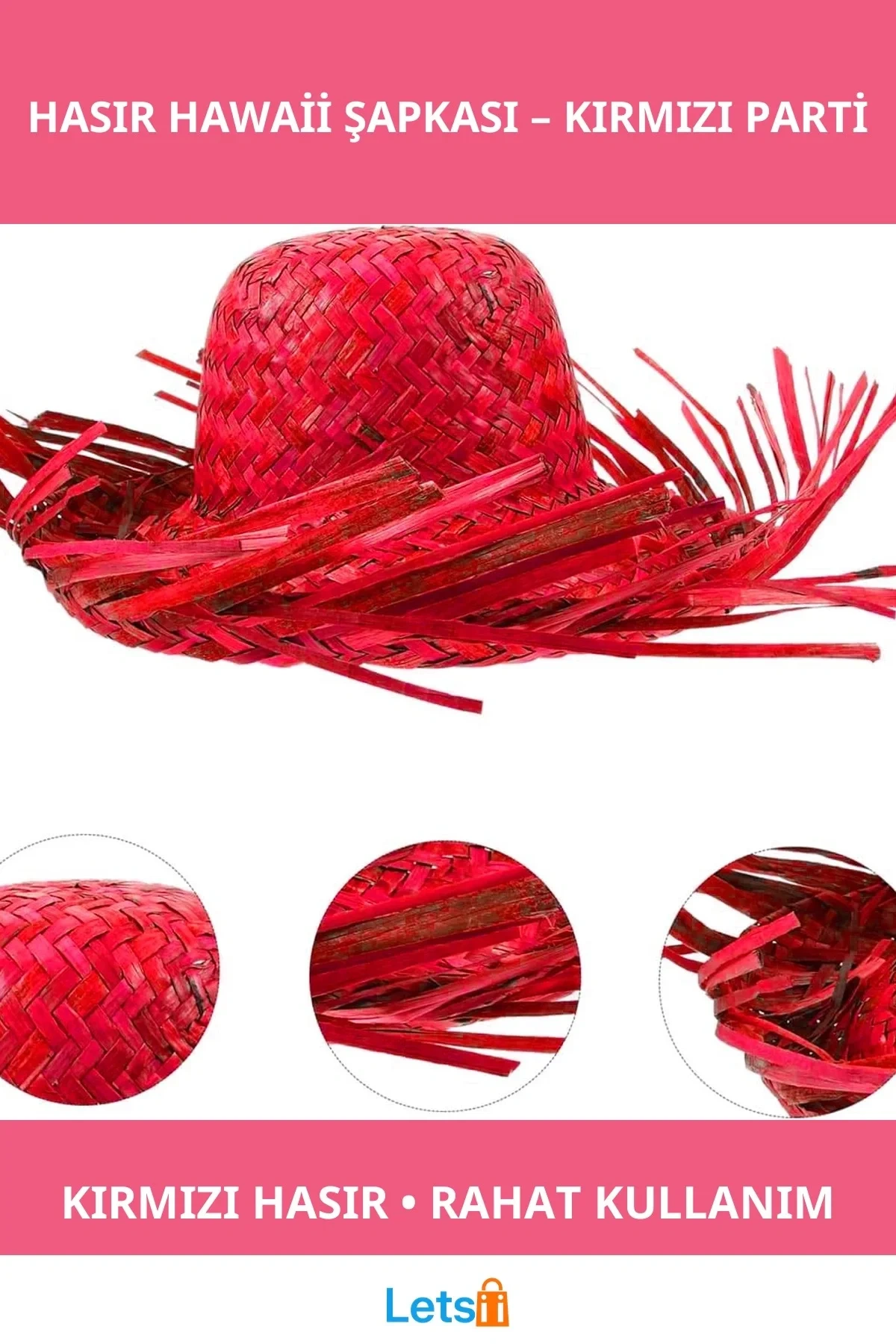 Tropikal Parti Kırmızı Hasır Hawaii Şapkası