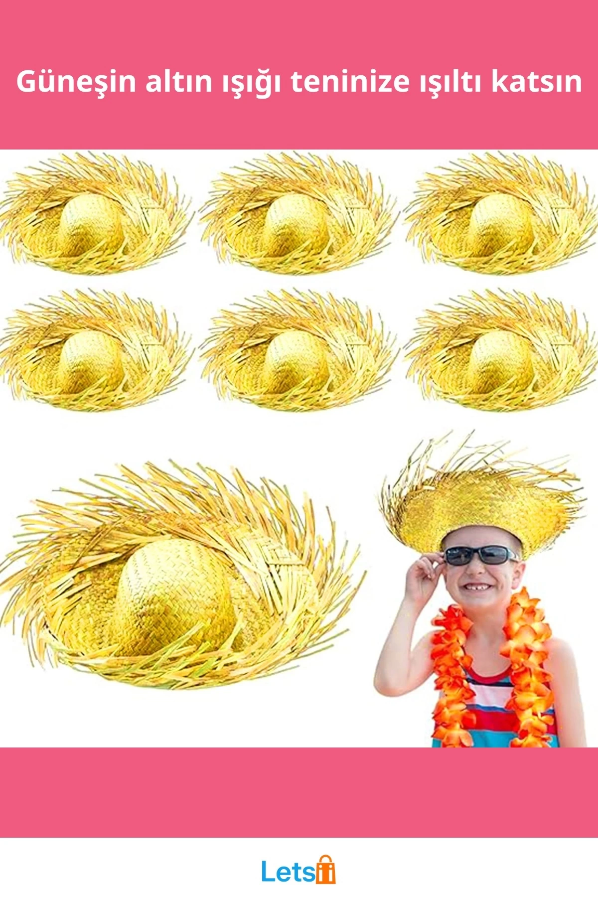 Tropikal Parti Sarı Hasır Hawaii Şapkası