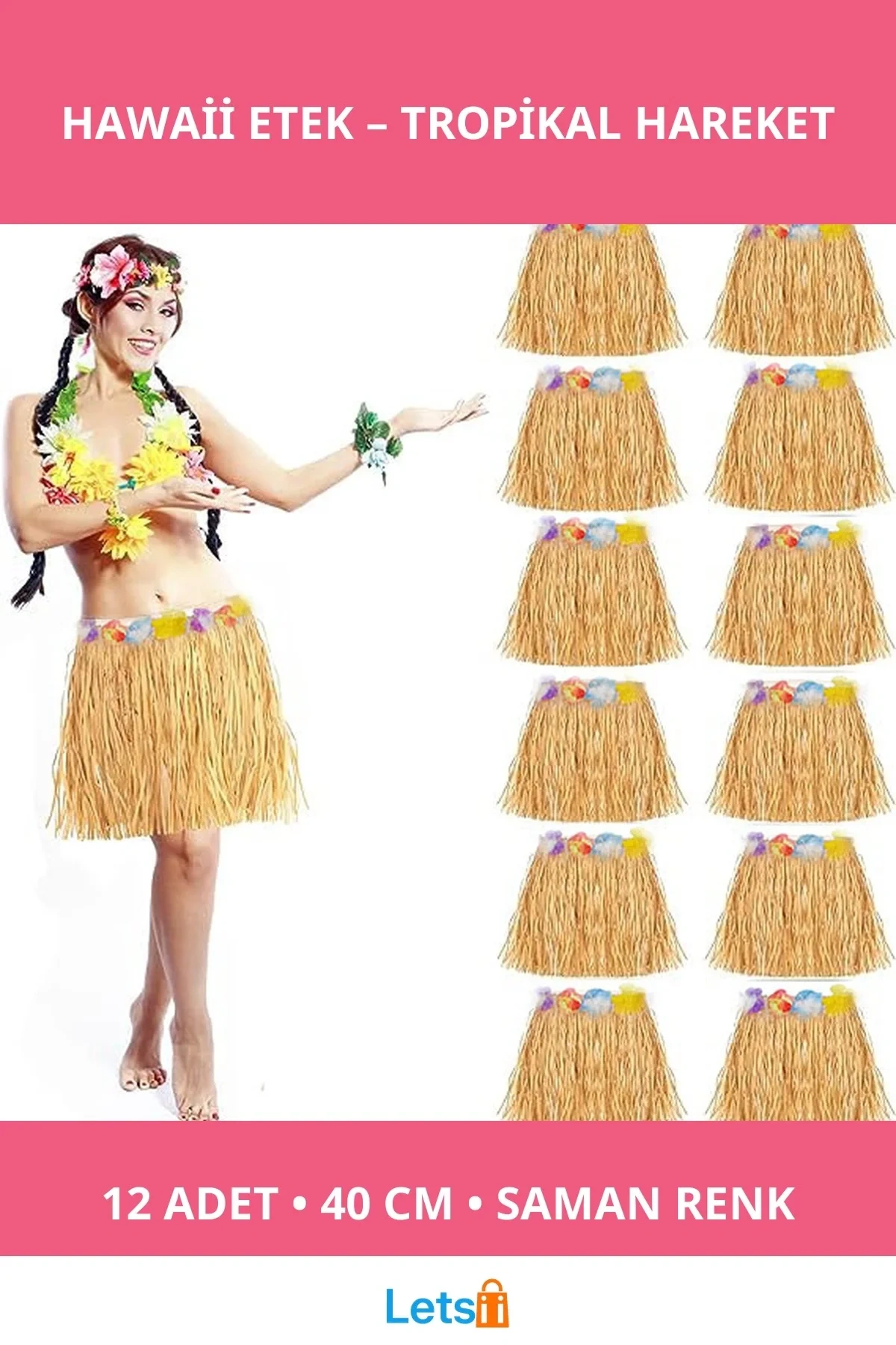 Tropikal Tema Saman Renk Hawaii Etek 12 Adet Yetişkin ve Çocuk Uyumlu