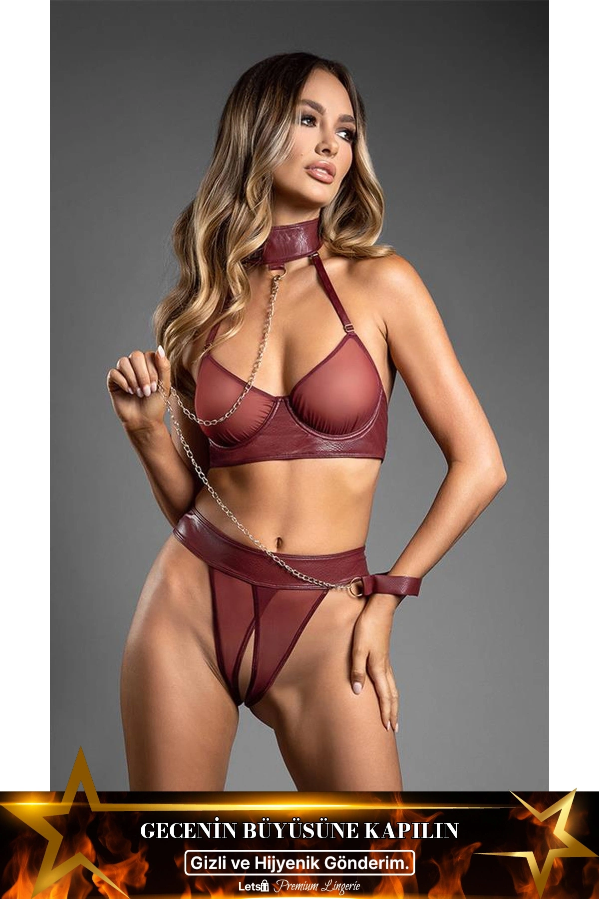 Tül Büstiyerli Kelepçeli Fantezi Deri Takım Bordo Renk