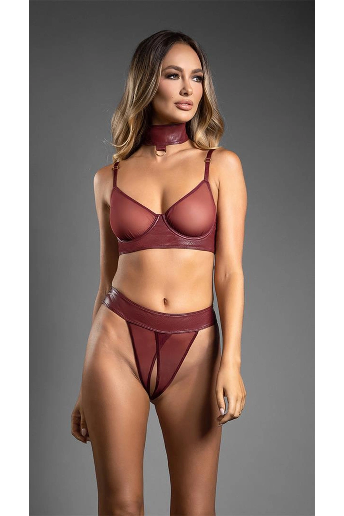 Tül Büstiyerli Kelepçeli Fantezi Deri Takım Bordo Renk