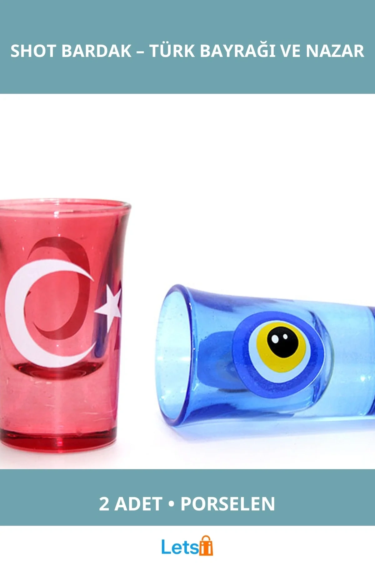 Türk Bayrağı ve Nazar Boncuğu Tasarımlı Porselen Yöresel Shot Bardak 2 Adet